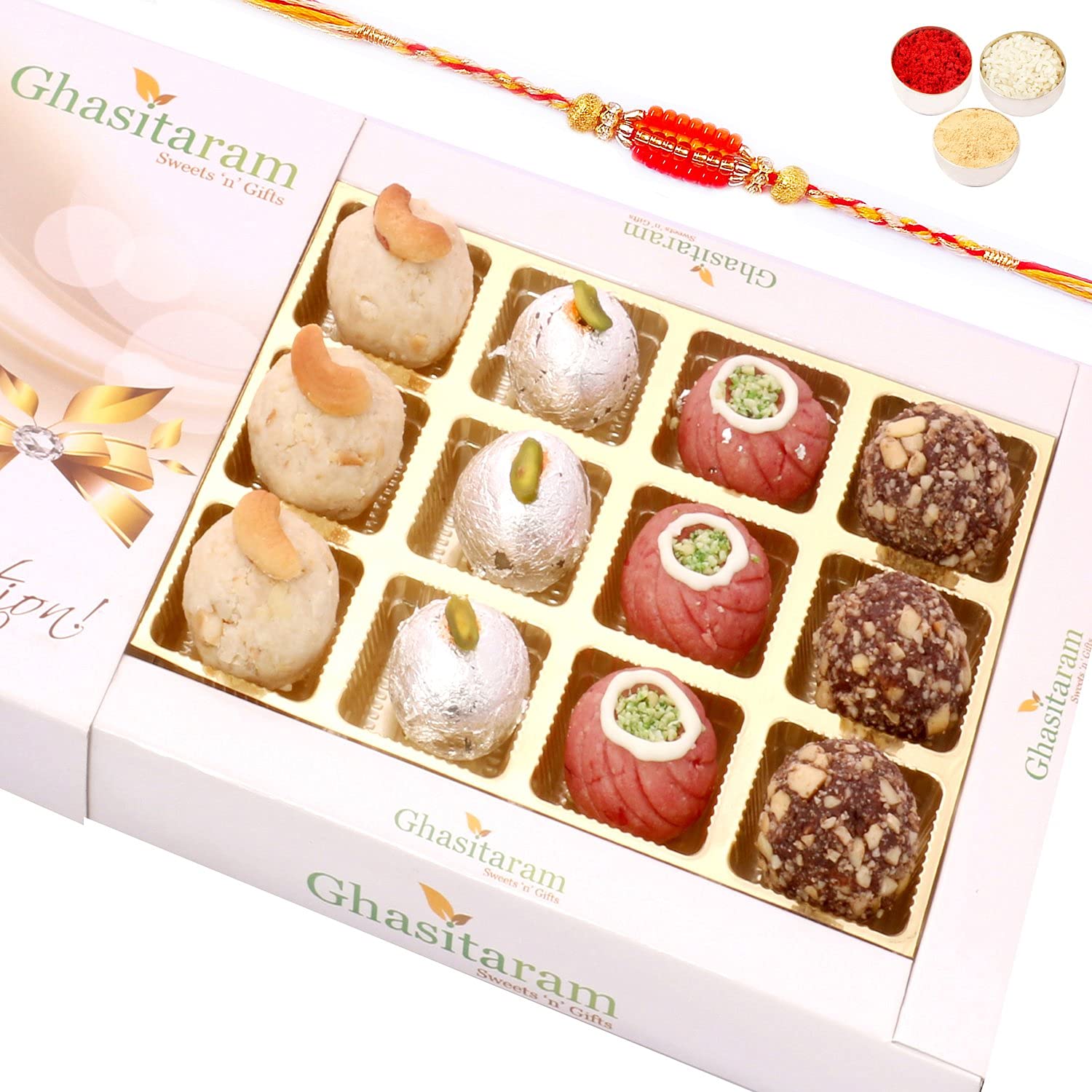 Ghasitaram Gifts Dry Fruit - Sweets- Assorted Dry Fruit Sweets in White Box with Rakhi-picture-11