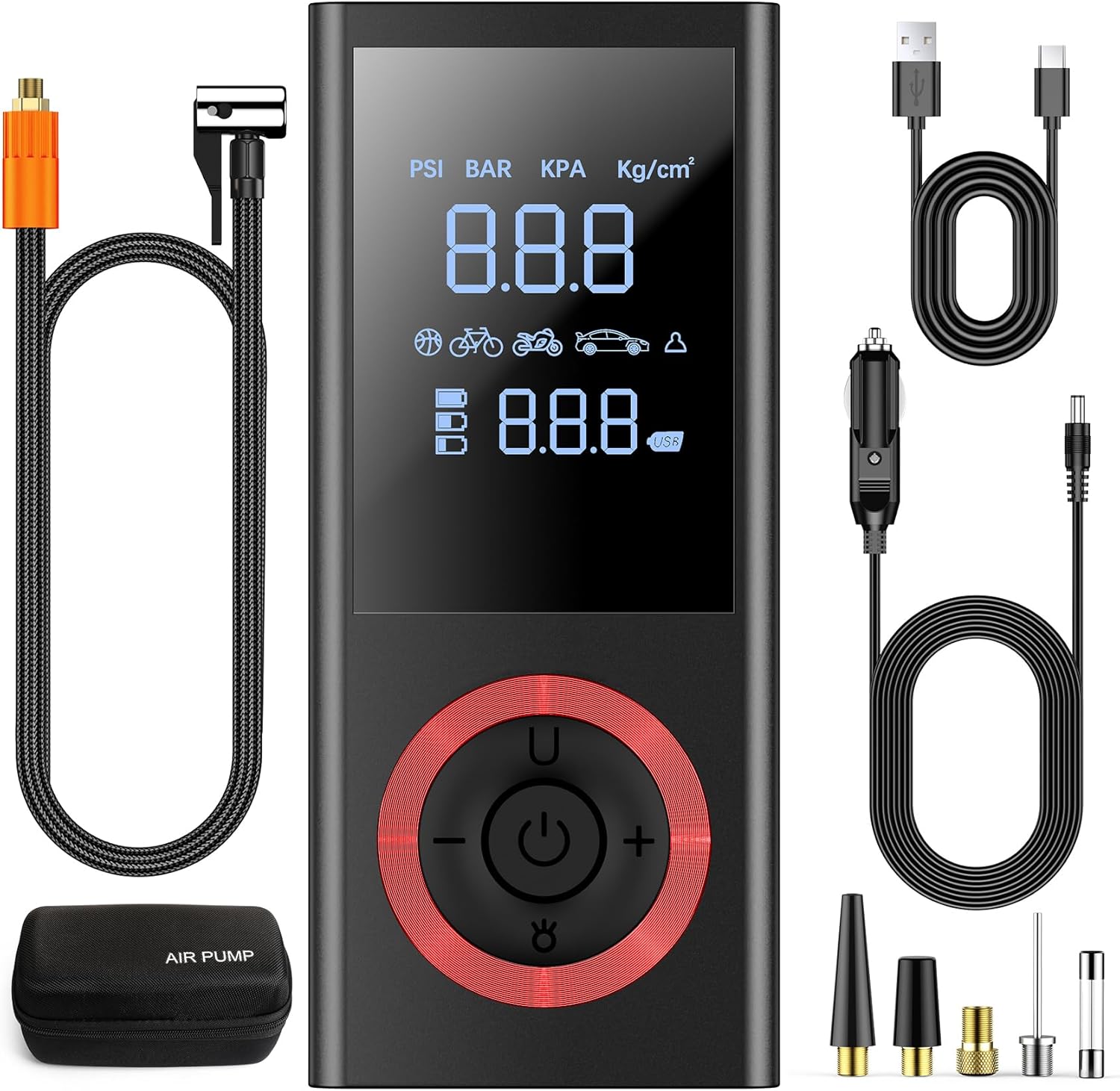 Cordless Tire Inflator Portable Air Compressor, 150 PSI Air Pump with Rechargeable Battery, Tire Pressure Gauge, 12V Car Power Adapter, Smart Air Pump for Car, Motorcycle, Bike, Ball