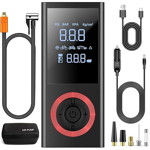 Cordless Tire Inflator Portable Air Compressor, 150 PSI Air Pump with Rechargeable Battery, Tire Pressure Gauge, 12V Car Power Adapter, Smart Air Pump for Car, Motorcycle, Bike, Ball