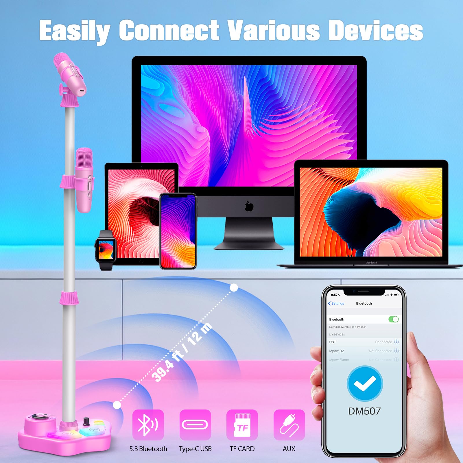 Macchina per karaoke con supporto regolabile per bambini, microfono ricaricabile da 3 a 8 anni, altoparlante Bluetooth portatile con 2 microfoni, regalo per feste di compleanno per bambine di età 3 4