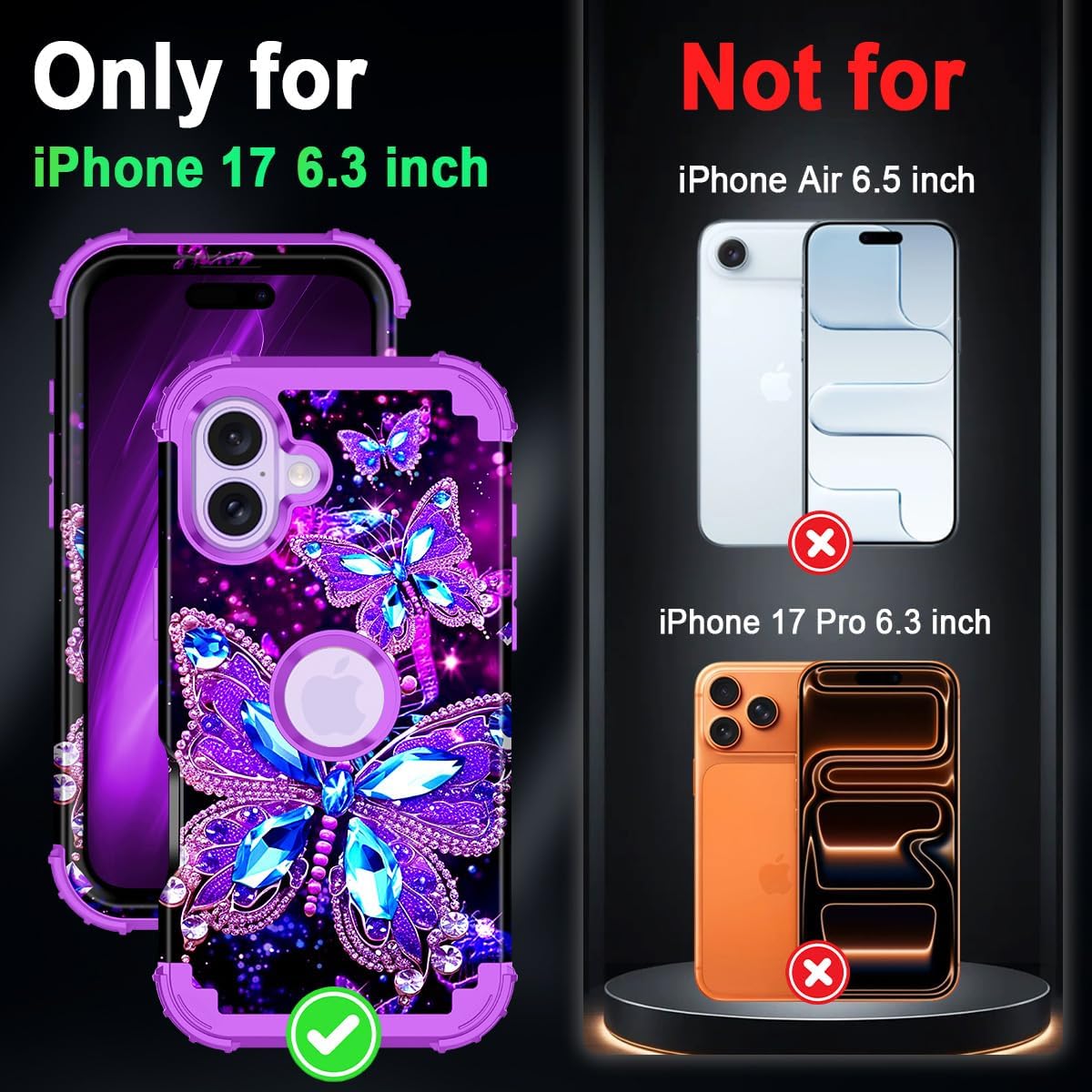 Miqala for iPhone 17 Case,Glow in The Dark Three Layer Heavy Duty Shockproof Protection Hard Plastic Bumper+Soft Silicone Case for iPhone 17,Dark Butterfly - Image 2