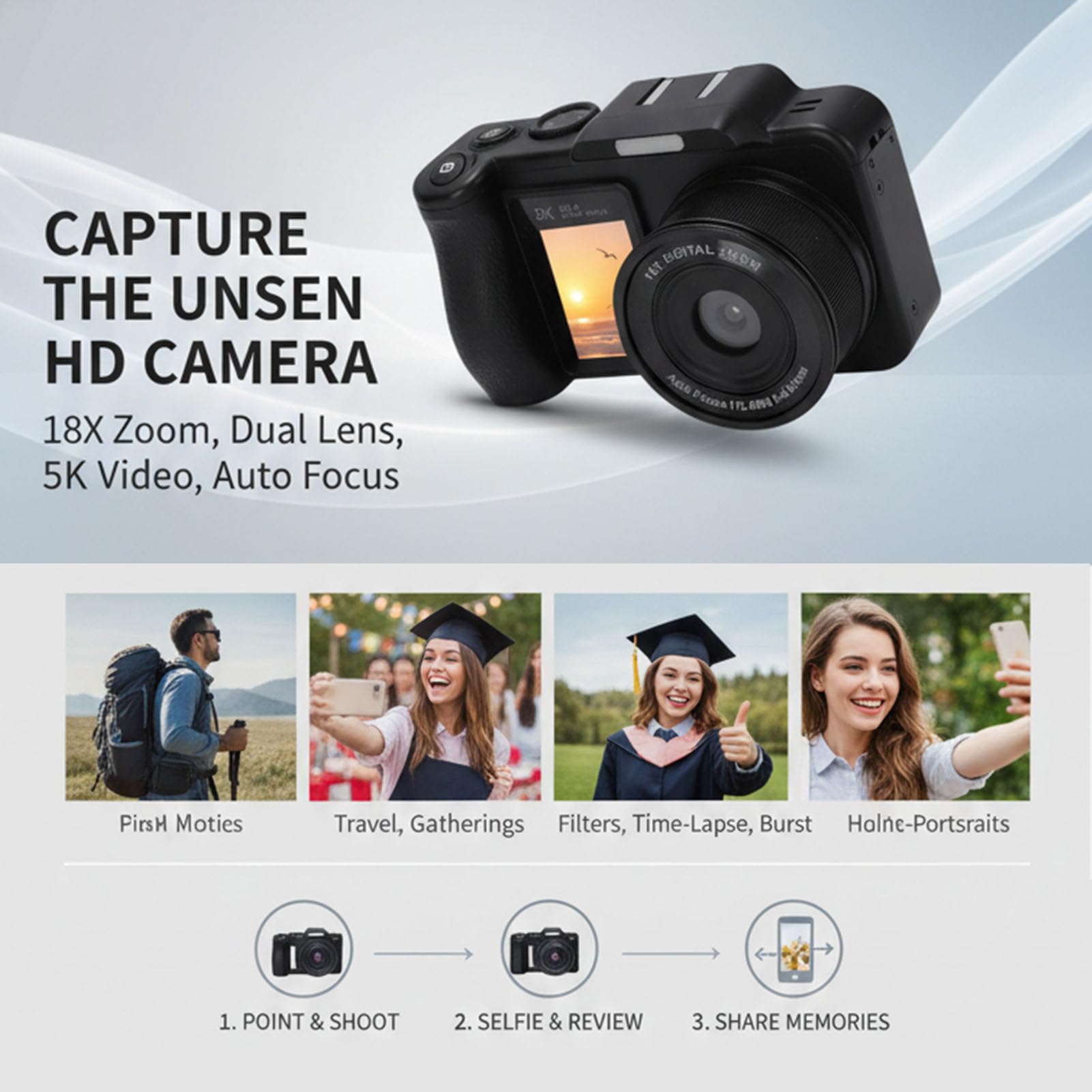 Fotocamera Digitale per Fotografia 5K 80MP HD Zoom 18X Messa a Fuoco Automatica Fotocamera Selfie a Doppio Schermo con Flash per Adolescenti Studenti in Viaggio