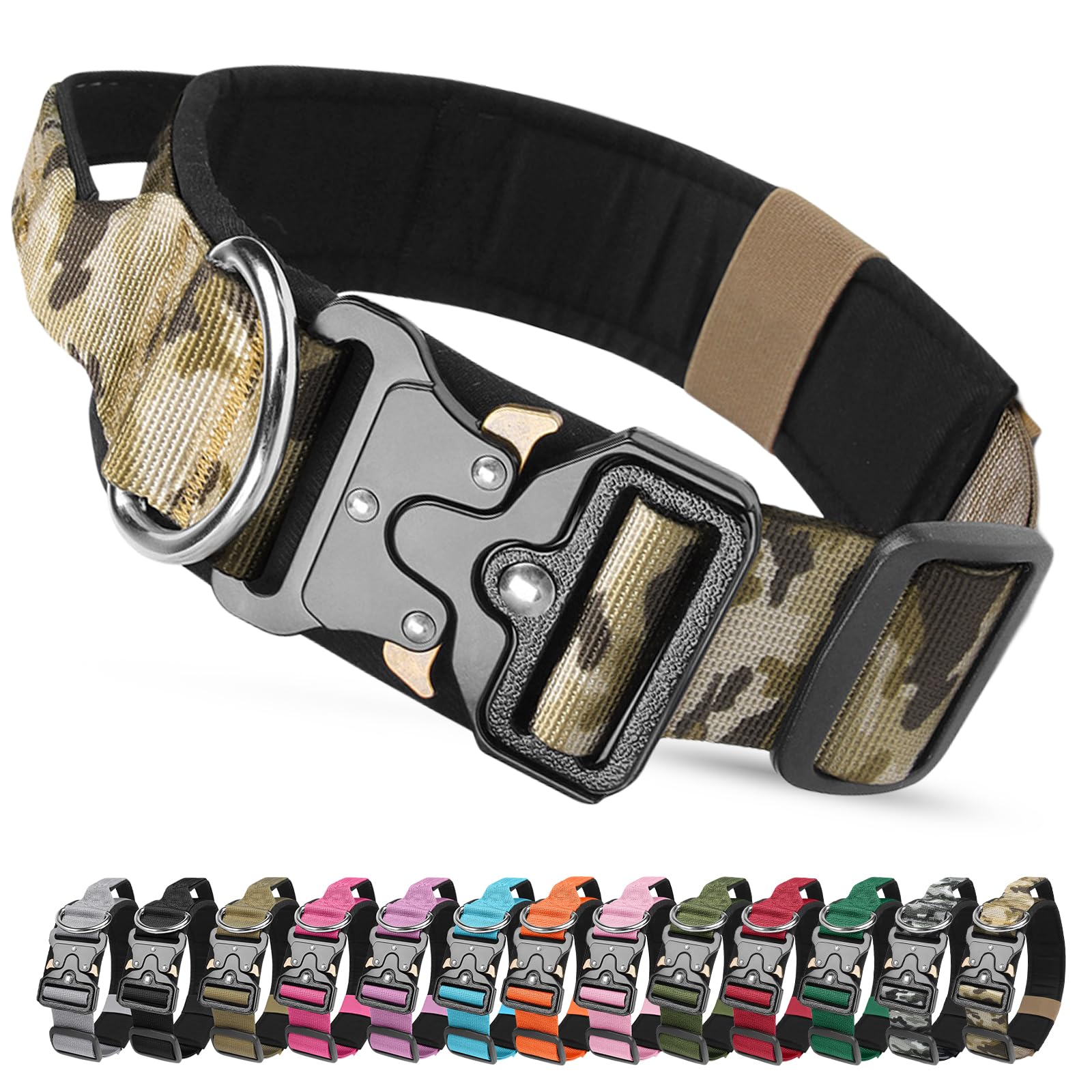 AKOFIC Tactical Dog Collar, Heavy Duty Wide Dog Collar with Handle and Soft Padded, Adjustable Comfortable Pet Collar for Small Medium and Large Dogs Training (Khaki Camouflage, XL)