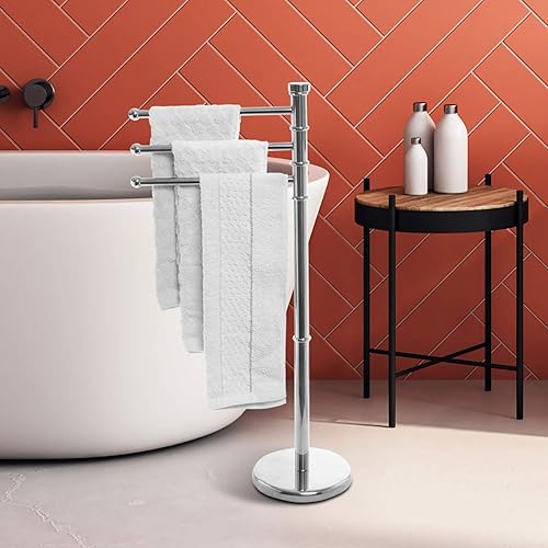 Miniatura 2 de MyGift Toallero independiente de metal plateado de 38 pulgadas para baño con 3 brazos giratorios y base redonda resistente