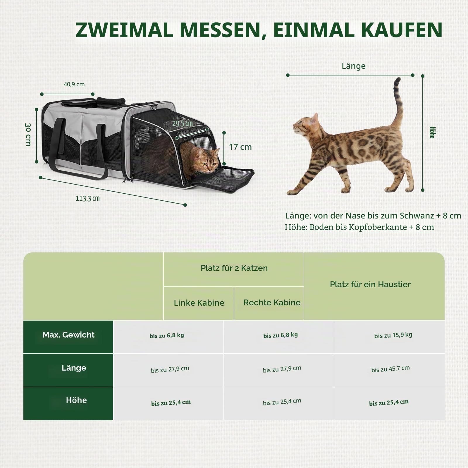 Katzentransportbox für 2 Katzen, Faltbar & Erweiterbar, Mit 2 Klappkatzenklos & Trennwand, Atmungsaktiv, Für Auto & Reise,Bis 7kg Belastbar, Grau