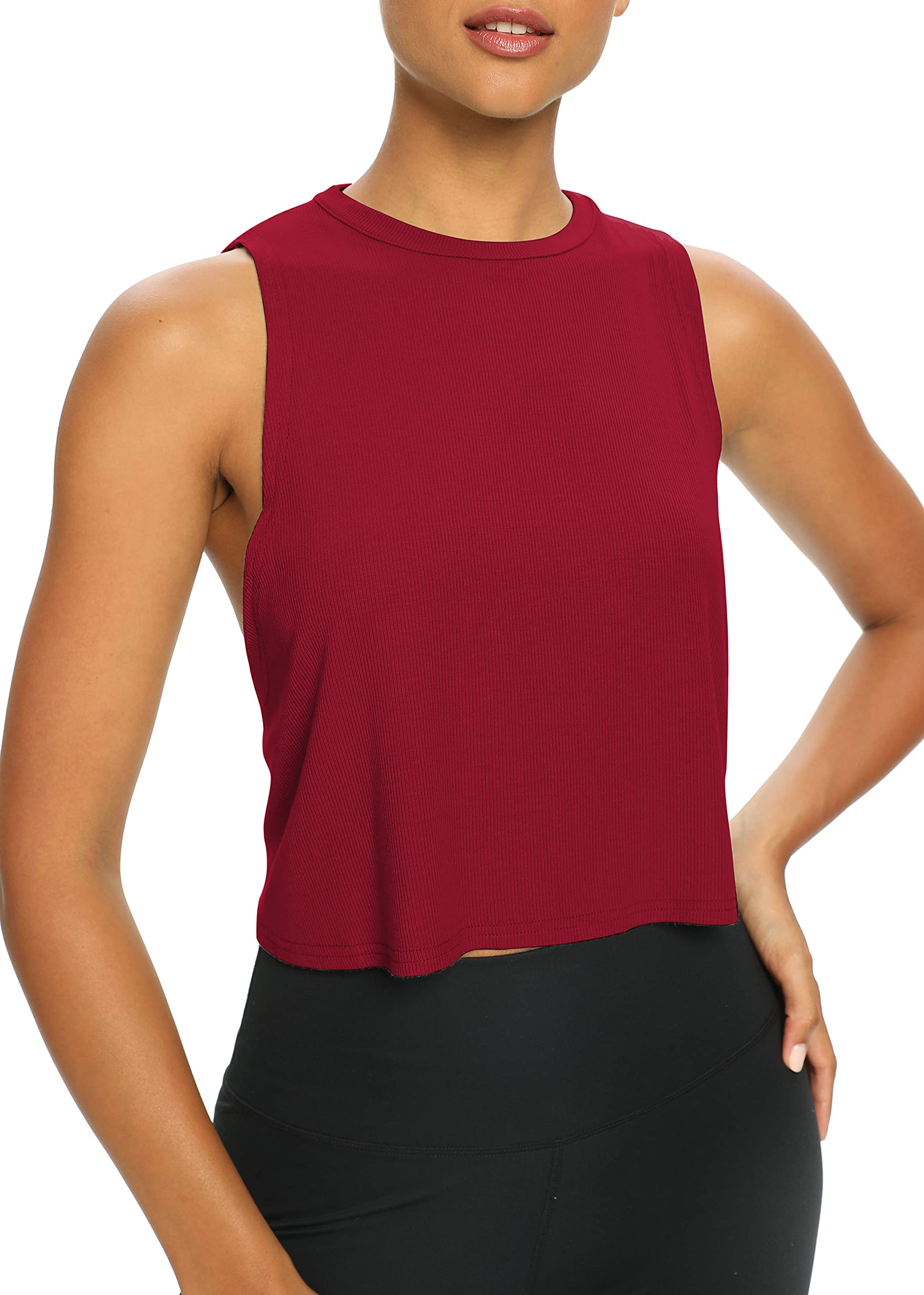 Bestisun Damskie topy treningowe luźny krój, zwiewne, przycięte bezrękawniki, koszulki sportowe z odkrytymi plecami, krótkie topy dla kobiet, czerwony (wine red), XL