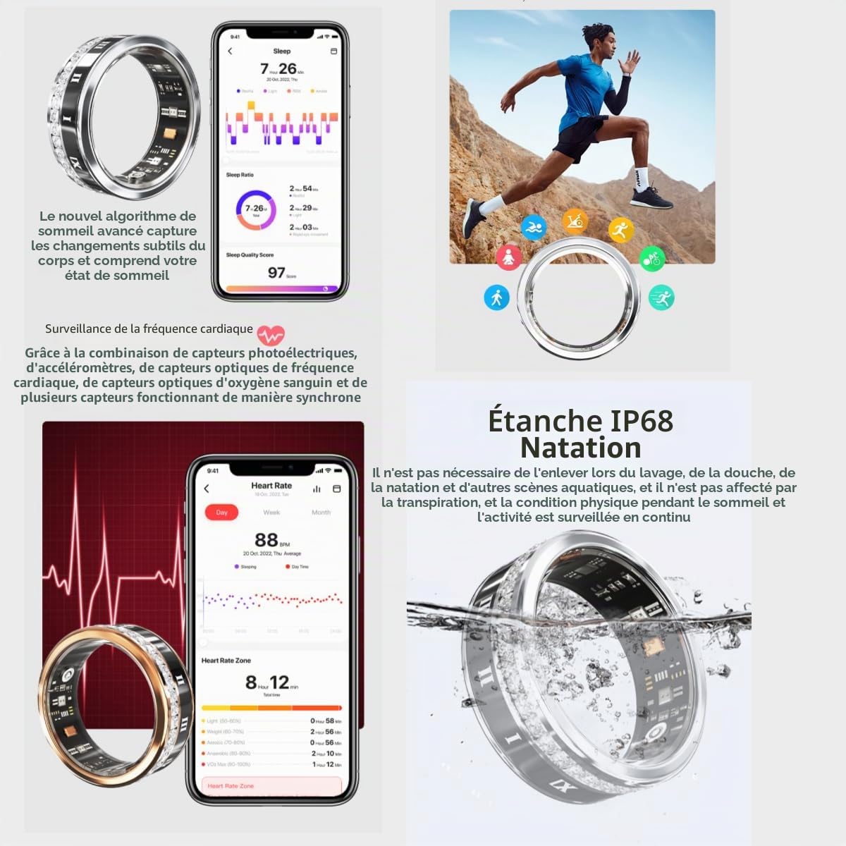 Bague Intelligente, Tracker de Fitness Portable, Moniteur de fréquence Cardiaque, podomètre Intelligent étanche pour Hommes et Femmes - R2 (Noir, 9#)