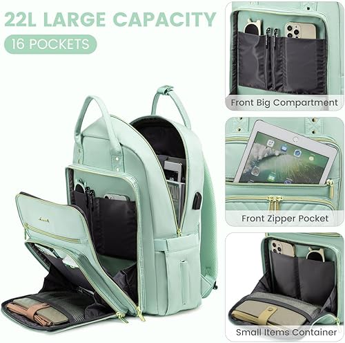 Miniatura 3 de LOVEVOOK Mochila para laptop para mujer, mochila de trabajo de moda con puerto USB, mochilas impermeables para el trabajo., Verde, 15,6 pulg., Moda