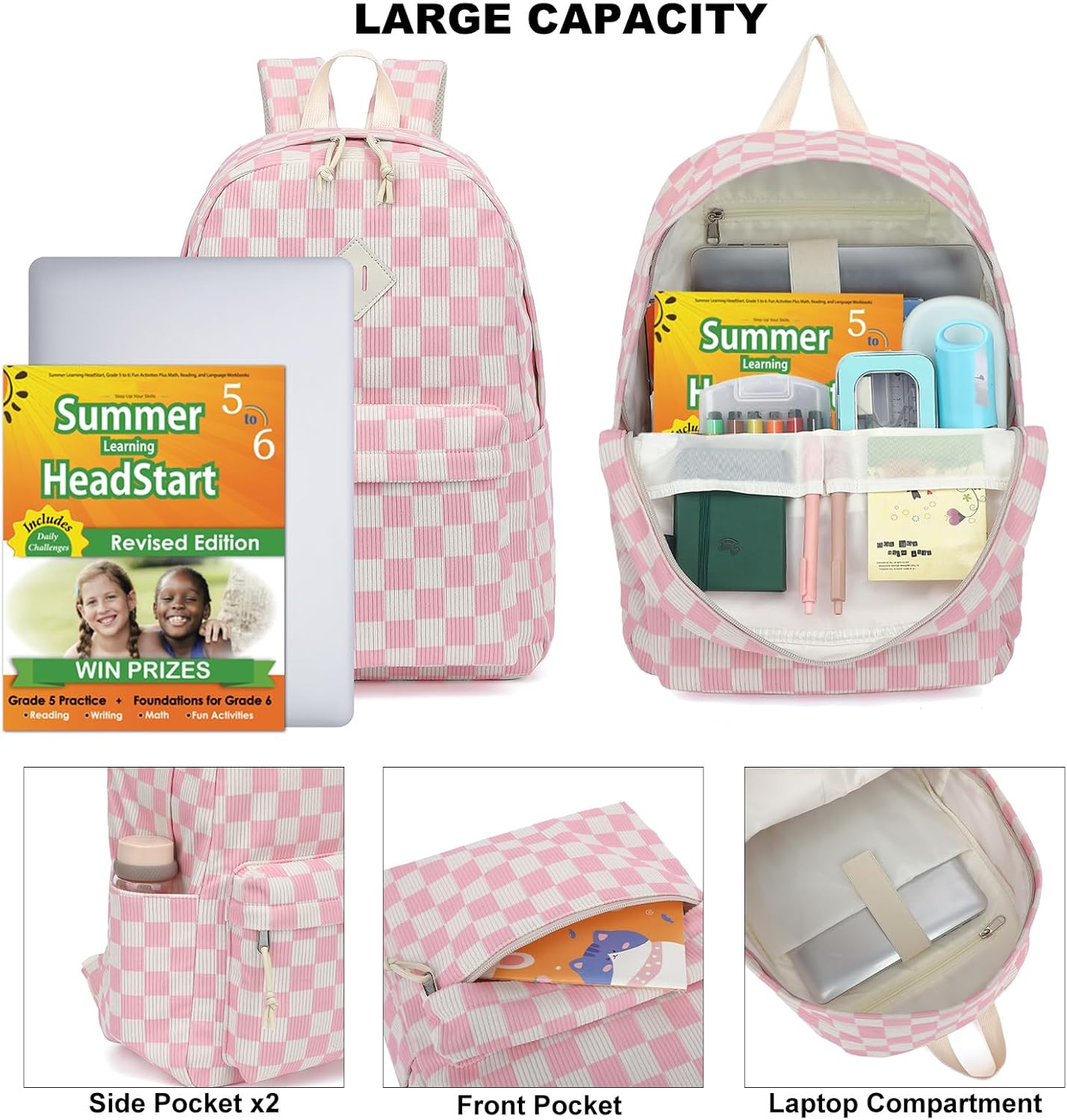 Corduroy Girls School Backpack - Teen Bookbags Kids Elementary Middle School Bookbags Women Travel Daypack (Checkered Pink) - Image 3