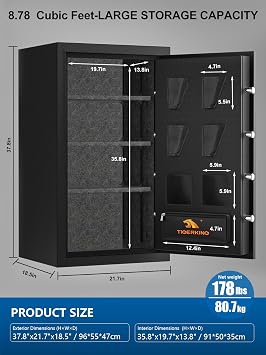 TIGERKING 8.78 Cu Ft Fireproof & Waterproof Safe for Home, Heavy-Duty Steel, 40-Min 1200F Fire Protection, 72-Hr Water Protection, Easy-Access Keypad Lock, Door Organizer Pockets, Adjustable Shelves