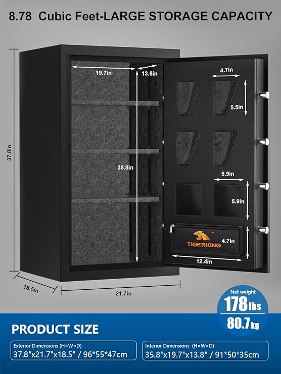 TIGERKING 8.78 Cu Ft Fireproof & Waterproof Safe for Home, Heavy-Duty Steel, 40-Min 1200F Fire Protection, 72-Hr Water Protection, Easy-Access Keypad Lock, Door Organizer Pockets, Adjustable Shelves