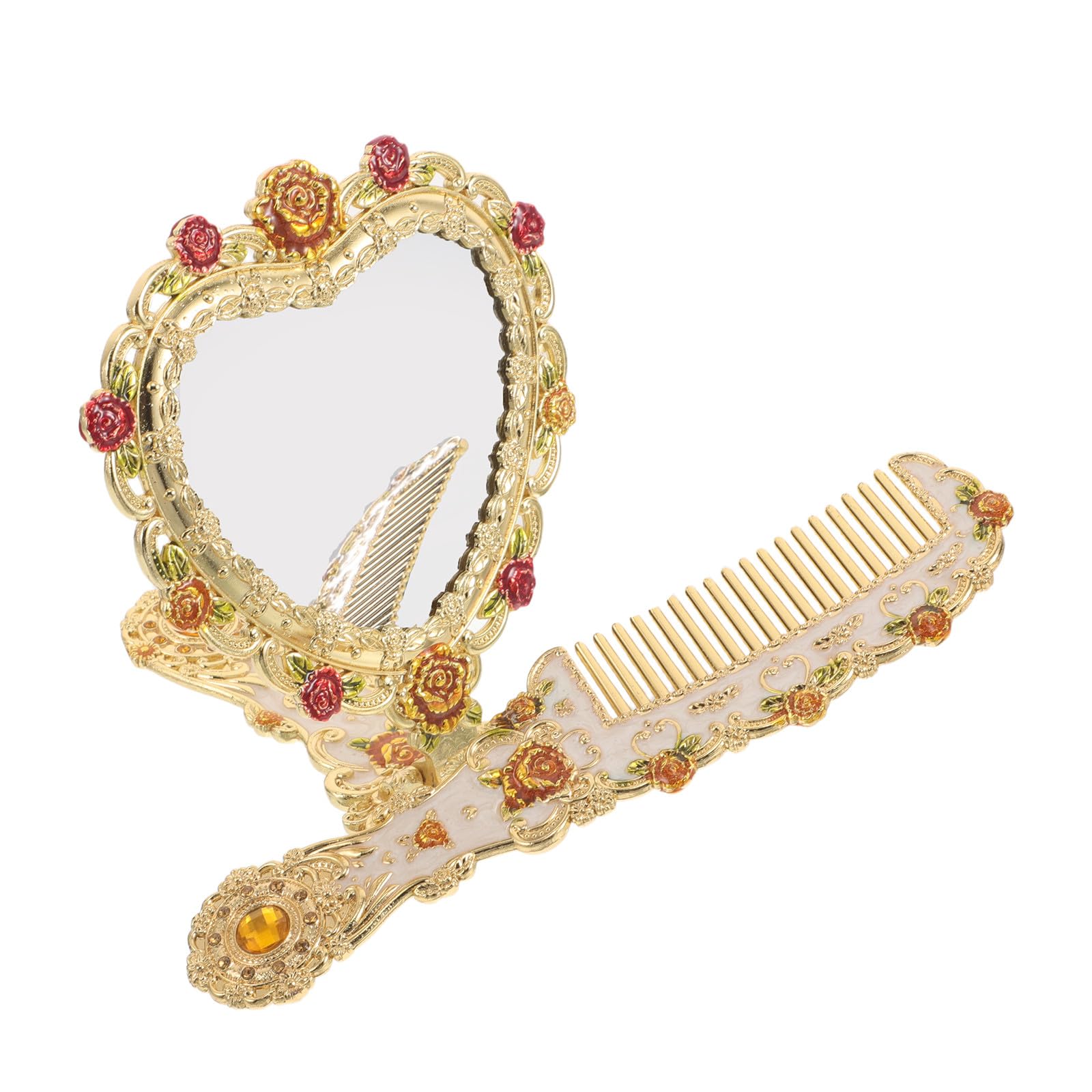 TEHAUX Espejo de Mano Vintage con Peine y Mango Plegable, Espejo Plegable Portátil de Metal en Relieve Corazón para Viaje y Belleza Personal, Obsequio Elegante para Mujeres y Chicas