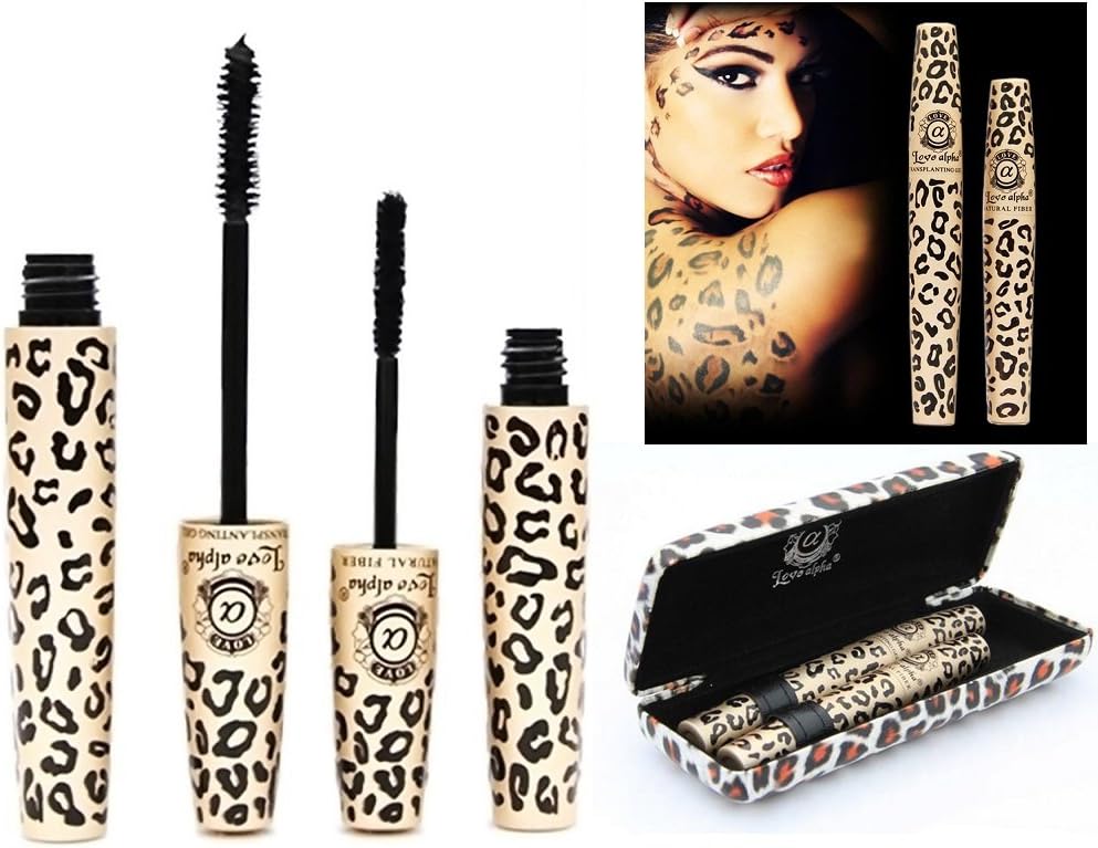 LOVE ALPHA Moodstruck Black Mascara Transplanting Gel + Natural LENGTHENING Fibers in Animal Print Case UK SELLER