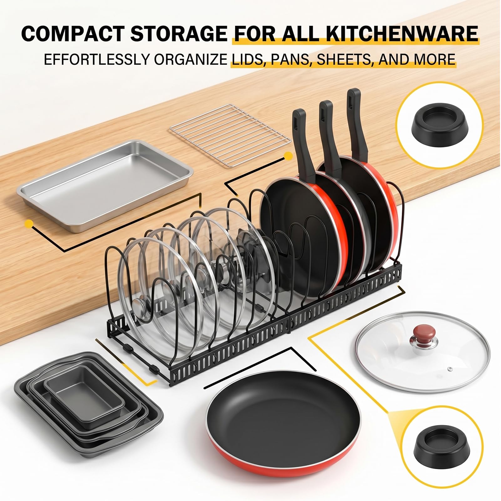 Pfannen Organizer,Doppelseitiger Pfannenhalter,Topfdeckelhalter Mit 8 Verstellbaren Teiler,Topf Organizer,Topfhalter Aufbewahrung Organizer Mit 3 Diy-Methoden,Für Küchenschränke Und Schubladen