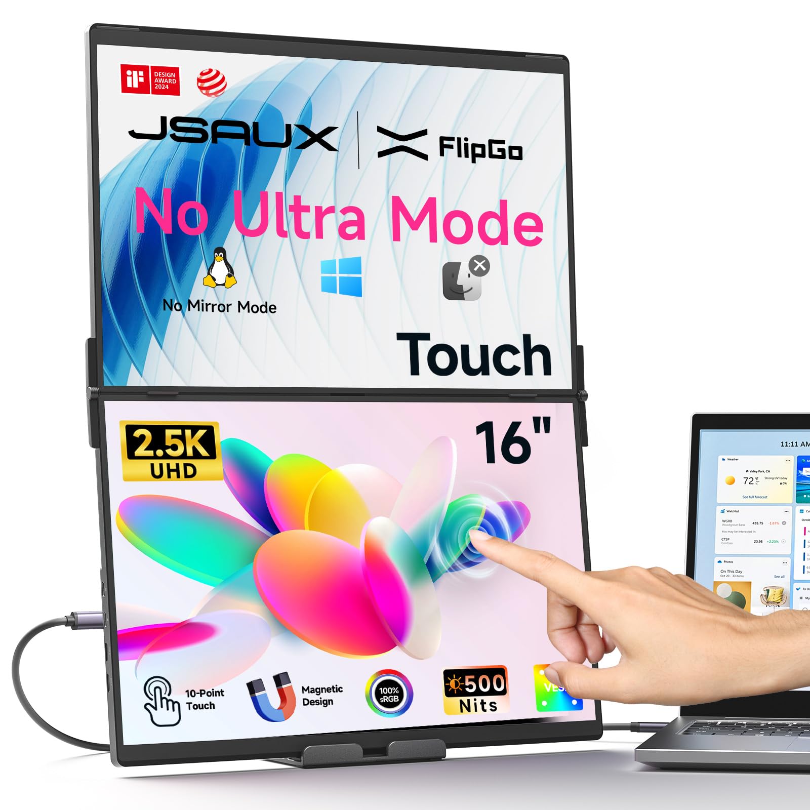 JSAUX FlipGo 16" Touchscreen Monitor Portatile a Doppio Schermo, 2.5K Doppio Estensore di Schermo Portatile, Triplo Schermo Touch Compatibile con Windows, Connessione a cavo unico/Design Magnetico