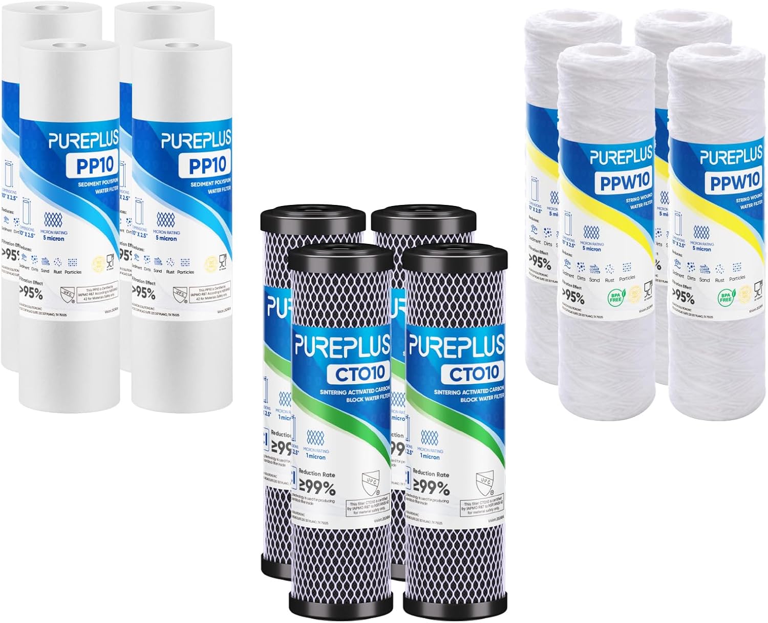 PUREPLUS 5 Micron 10" x 2.5" Whole House Sediment Water Filter, 1 Micron 2.5" x 10" Whole House CTO Carbon Water Filter and 5 Micron 10"x2.5" Whole House String Wound Sediment Filter 4PACK Combo
