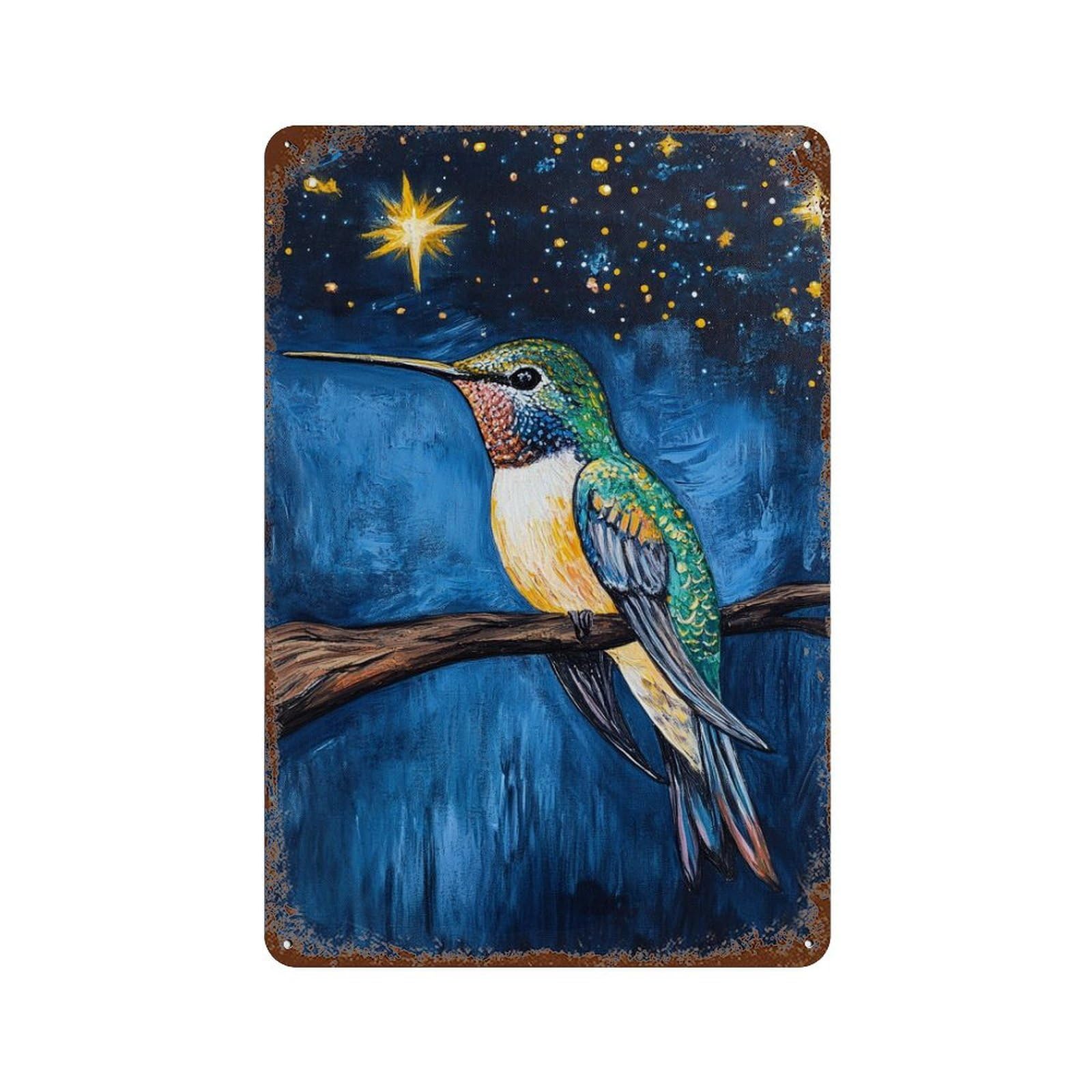 Hummingbird Starry Night Art Print Decorative Tin Sign 11.8"x7.9", for Bistro, Counter And Cafe Decor, Novelty Wall Decor