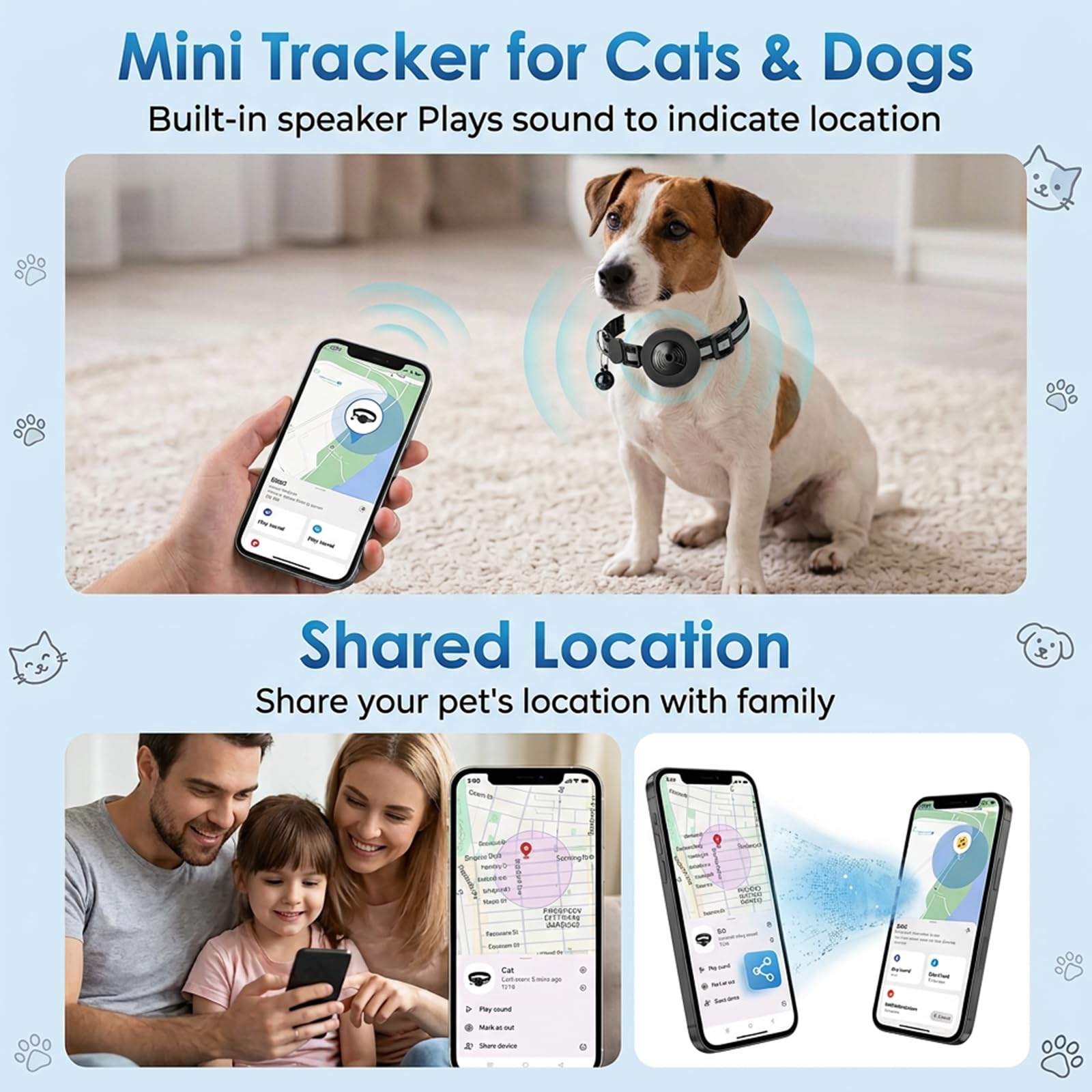 Qoosea Tracker für Katzen Hunde Kompatibel mit iOS ＆ Android Ohne ABO, Mini Haustier Tracker mit Halsband für Katze und Hund, Wasserdicht Trackers für Pet Schlüssel Koffer Rucksäcke