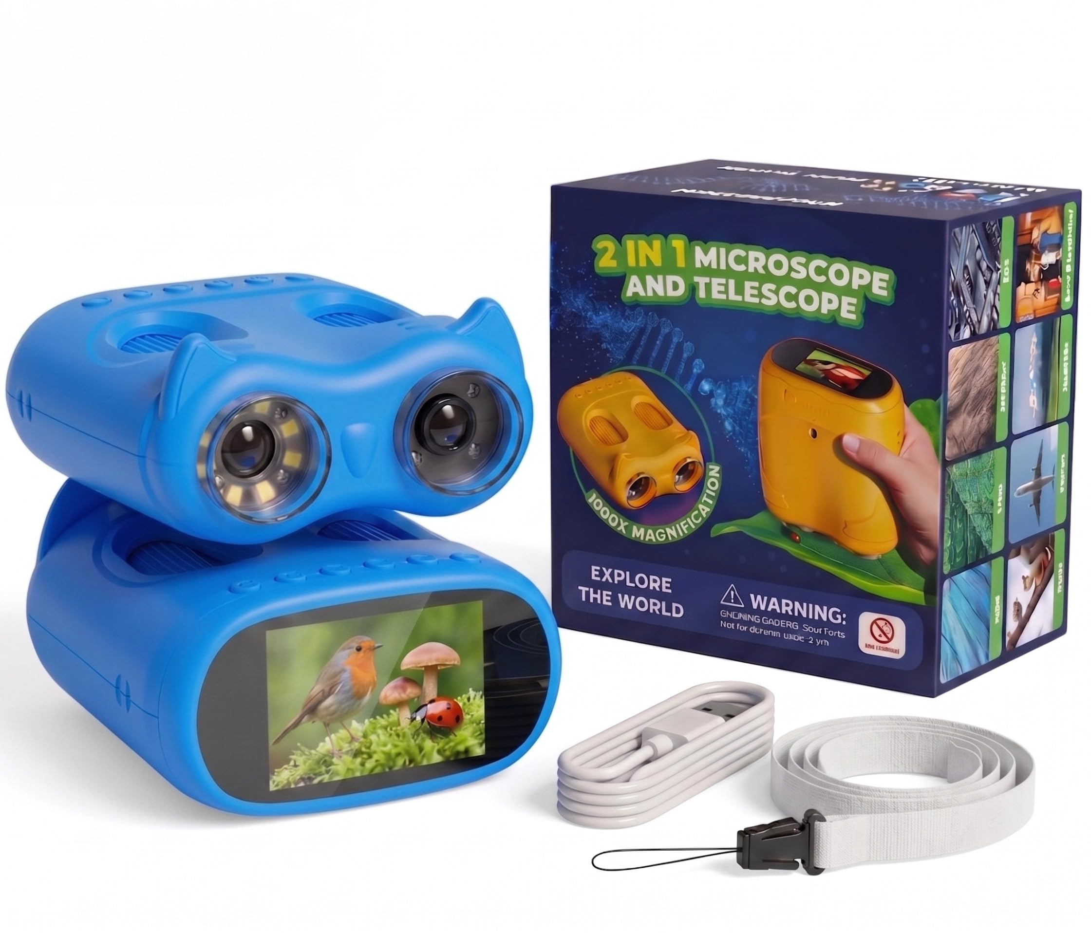 OAEBLLE 2-in-1 Microscope for Kids and Binoculars for Children, 2.0" IPS HD Microscope, 1000x Magnification Telescope with 8 LEDs, 1080P, Nature Outdoor Toy for Girls Boys Ages 3+, Blue โ image 1