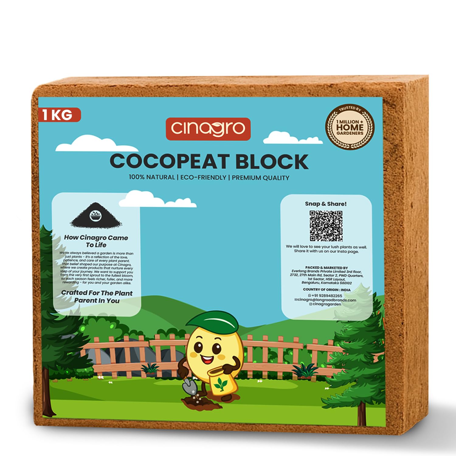 Cinagro Cocopeat (1 Kg Block, Expand up to 25 litres or 3 Kgs Cocopeat Powder), Natural Coconut Coir Fibres, Organic Fertilizer for Home Gardening, Potted Plants, Pure Cocopeat Block for Plants