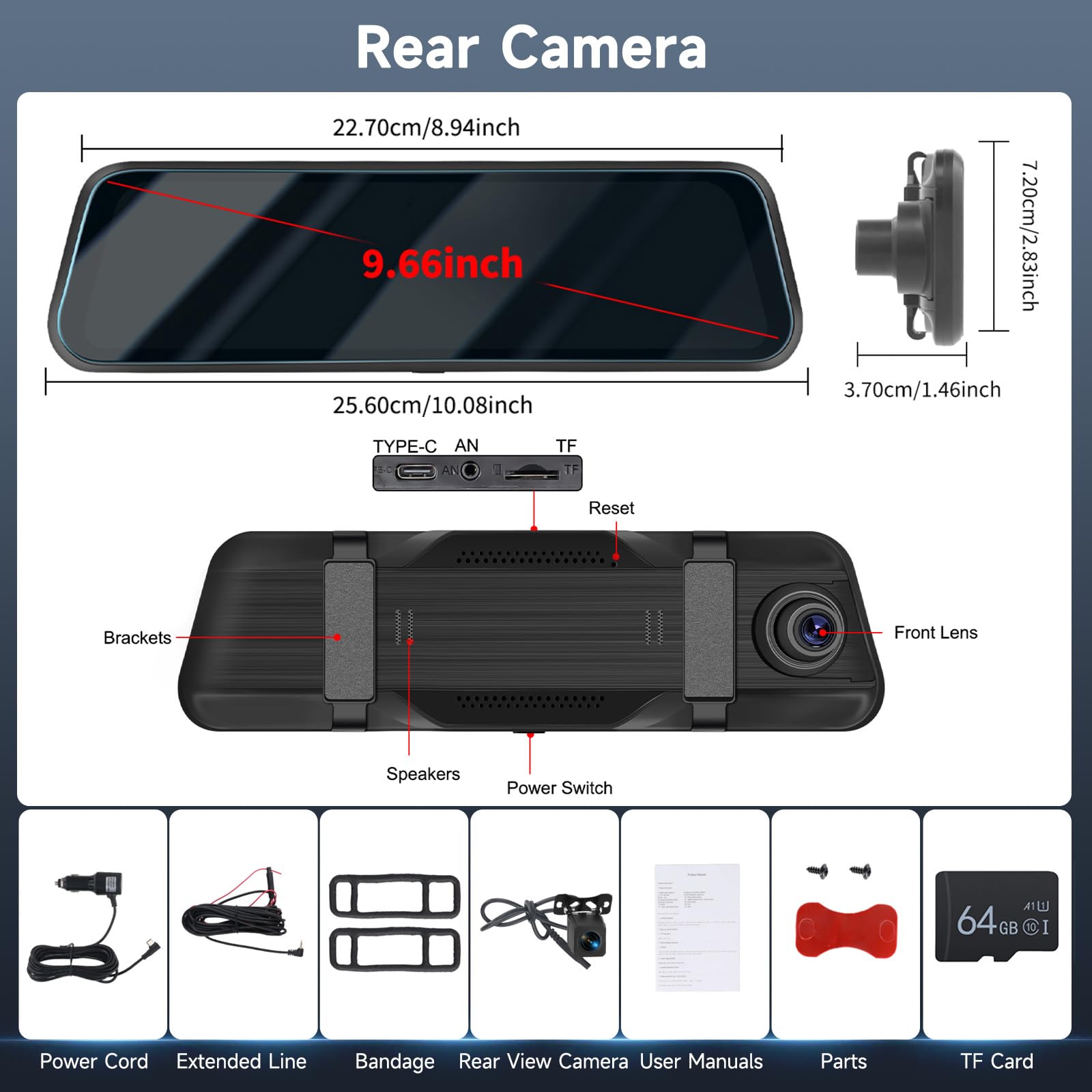 9.66‘’ 4K+1080P Dashcam Rétroviseur Wi-FI et Contrôle par Application,Carte TF 64 Go, Détection de Gravité, Surveillance du Stationnement, Assistance à la Marche Arrière, Enregistrement en Boucle