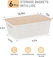Vista 2 de Contenedores de almacenamiento pequeños con tapas, 6 unidades, cesta de almacenamiento de plástico con tapa de bambú para organización de despensa