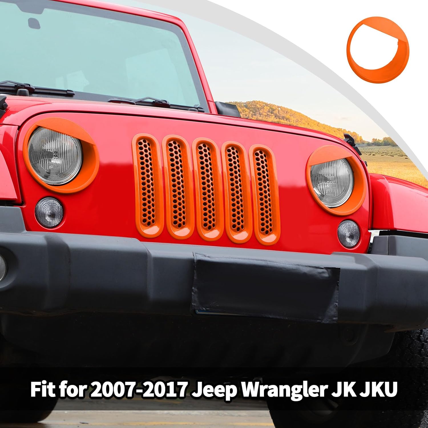 JWWY Front Grille Insert Radiator Grille Grillwork Surround Assembly Inserts Headlight Headlamp Cover Trim Set Fit for 2007-2017 Jeep Wrangler JK JKU Exterior Accessories 9pcs Orange - Image 3