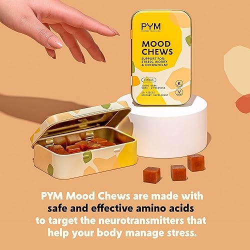 Miniatura 9 de PYM Citrus Mood - Masticables para el estrés, la preocupación y la abrumación, 20 unidades - 130 mg GABA, 90 mg de L-teanina - Vegano, sin OMG, sin