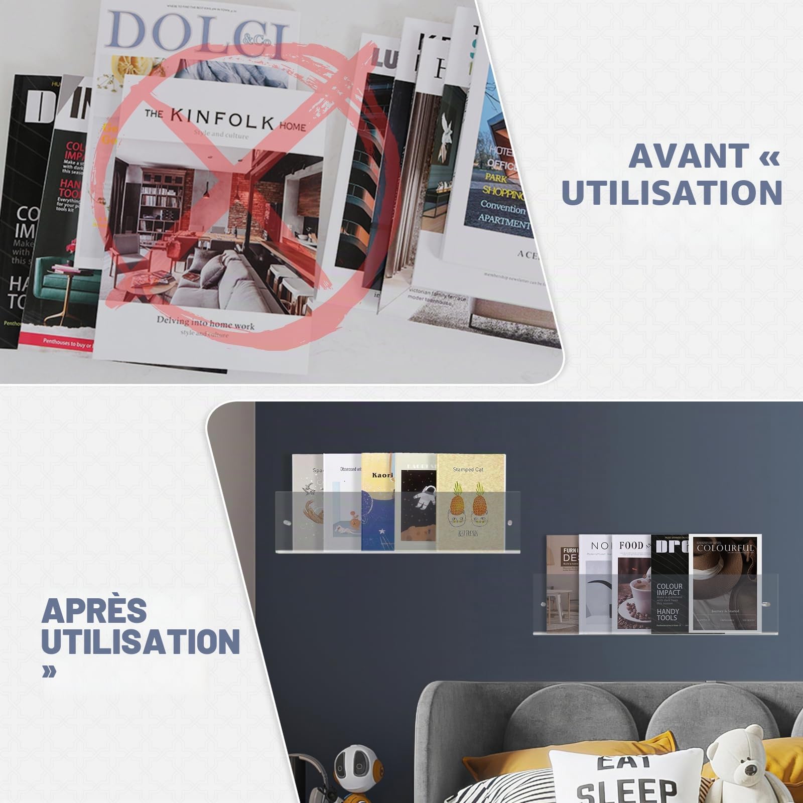 DuvinDD 2PCS Porte-revues Muraux en Acrylique Transparent,Longueur 60CM | Porte Revue Mural Acrylique, Vinyle Etagère Mural, Étagère de Rangement Transparente pour la Maison, Le Bureau et Le Salon