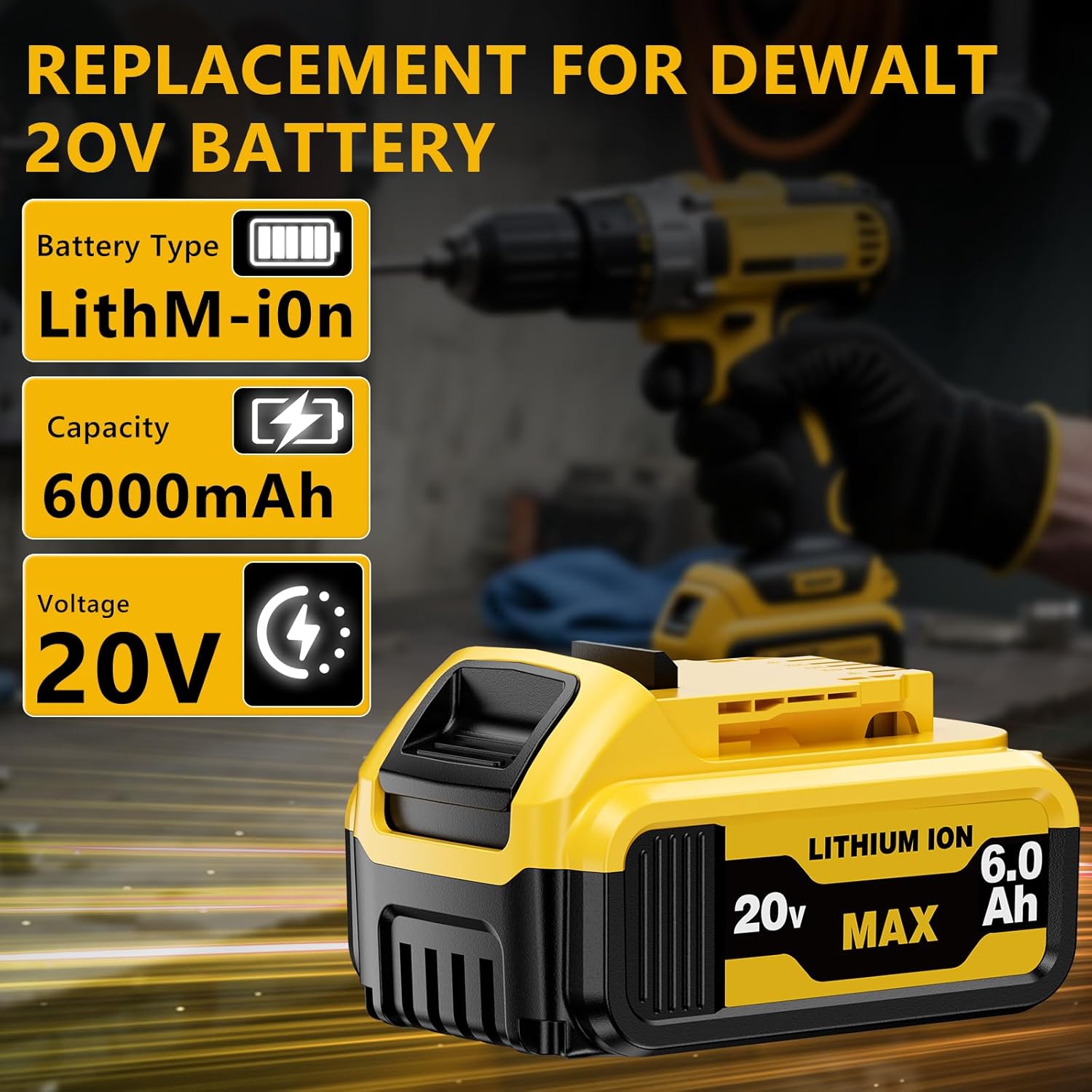 6.0AH DCB206 Replacement for Dewalt 20v Max Battery Lithium Compatible with Dewalt 20 Volt Compatible with DCB206 DCB201 DCB203 DCB207 Cordless Power Tools (2Pack Battery and Charger) - Image 2