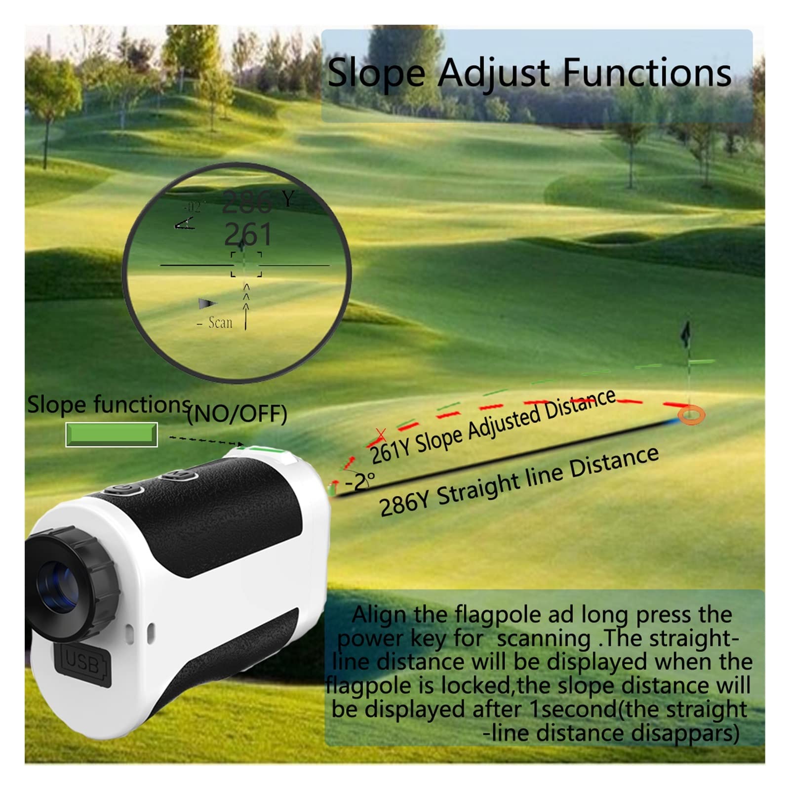 Medidor de Superficie terrestre Telémetro láser de Golf Recargable con Carga USB de 1000M y 1200m con medidor de Distancia de Pendiente NO/Apagado para Terreno montañoso(Top White,1200m)