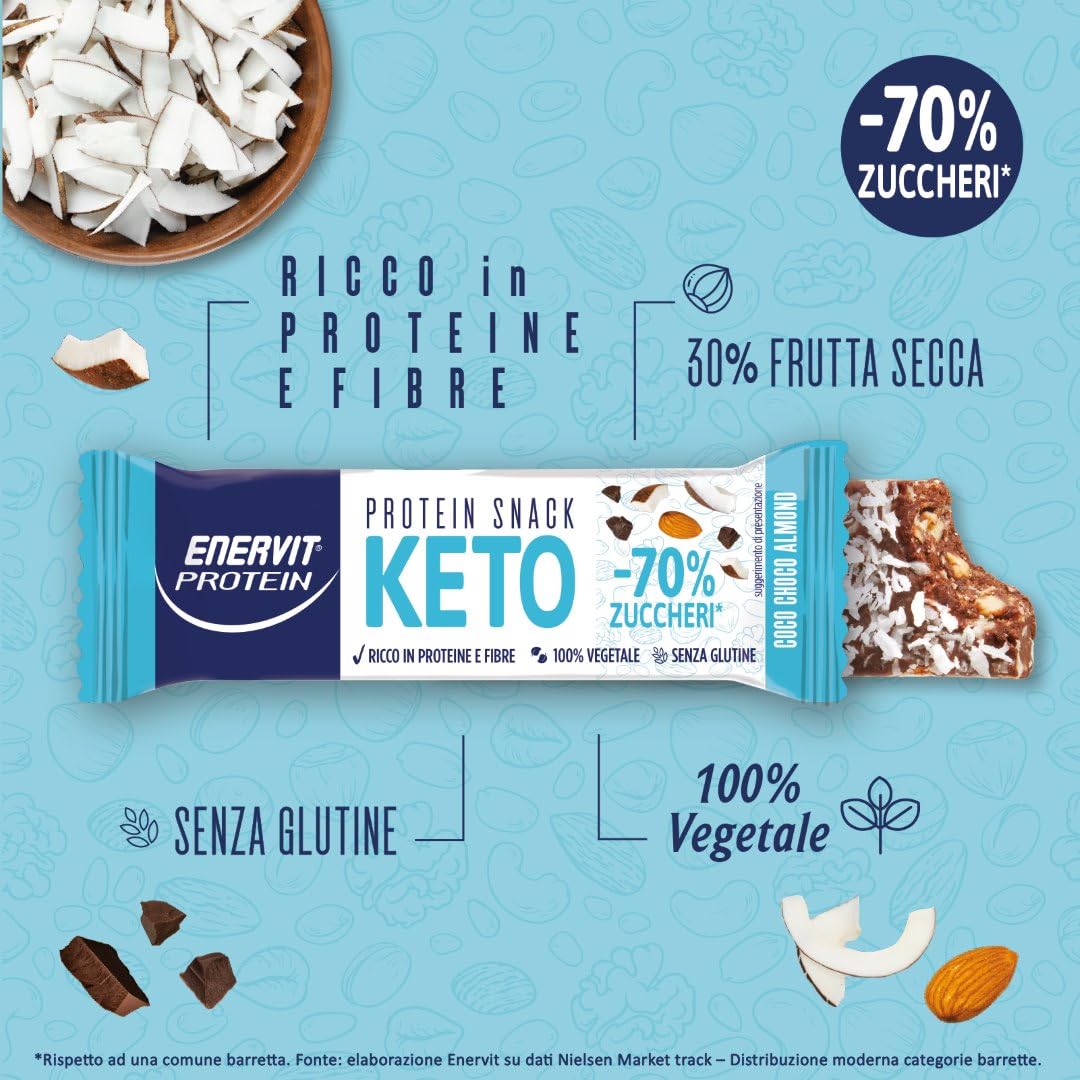 Enervit, Protein Snack Keto Coco Choco Almond, -70% di Zuccheri, Ricco in Proteine, Per il Controllo del Peso, Indicato per la Keto Diet, VeganOK, Senza Glutine, 30 Barrette da 35g