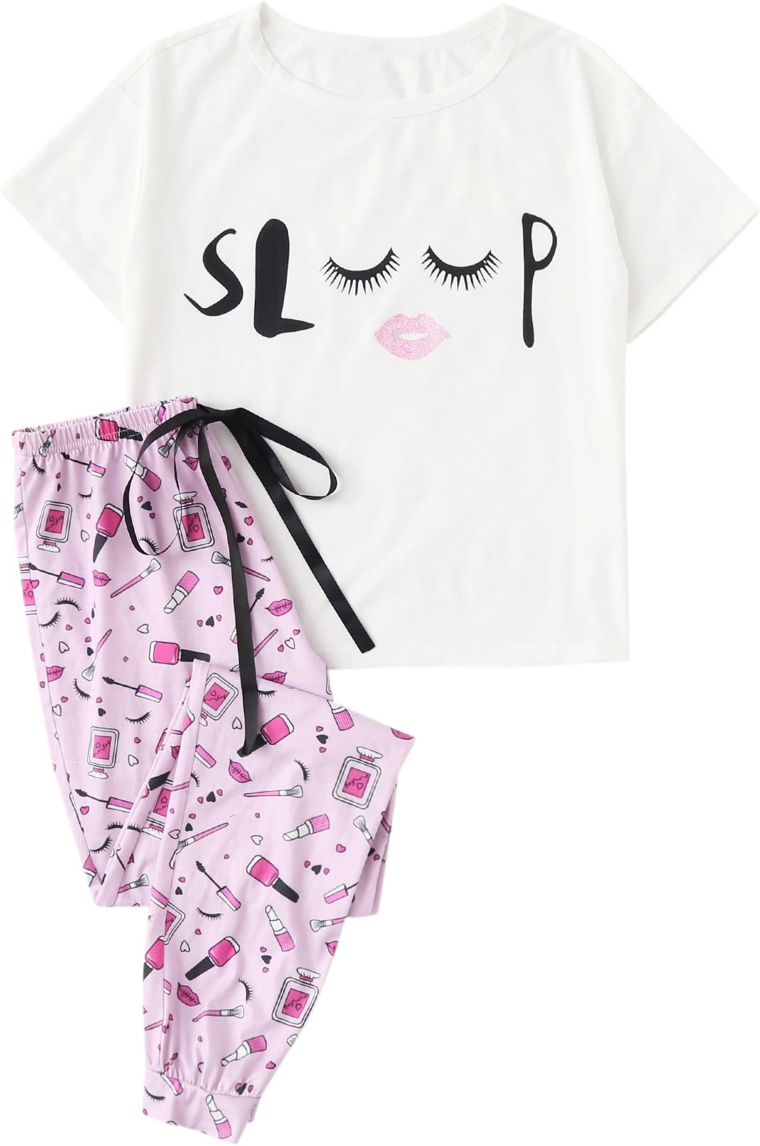 WDIRARA Women's Sleepwear Closed Eyes Print Casual Tee and Pants Pajama Set