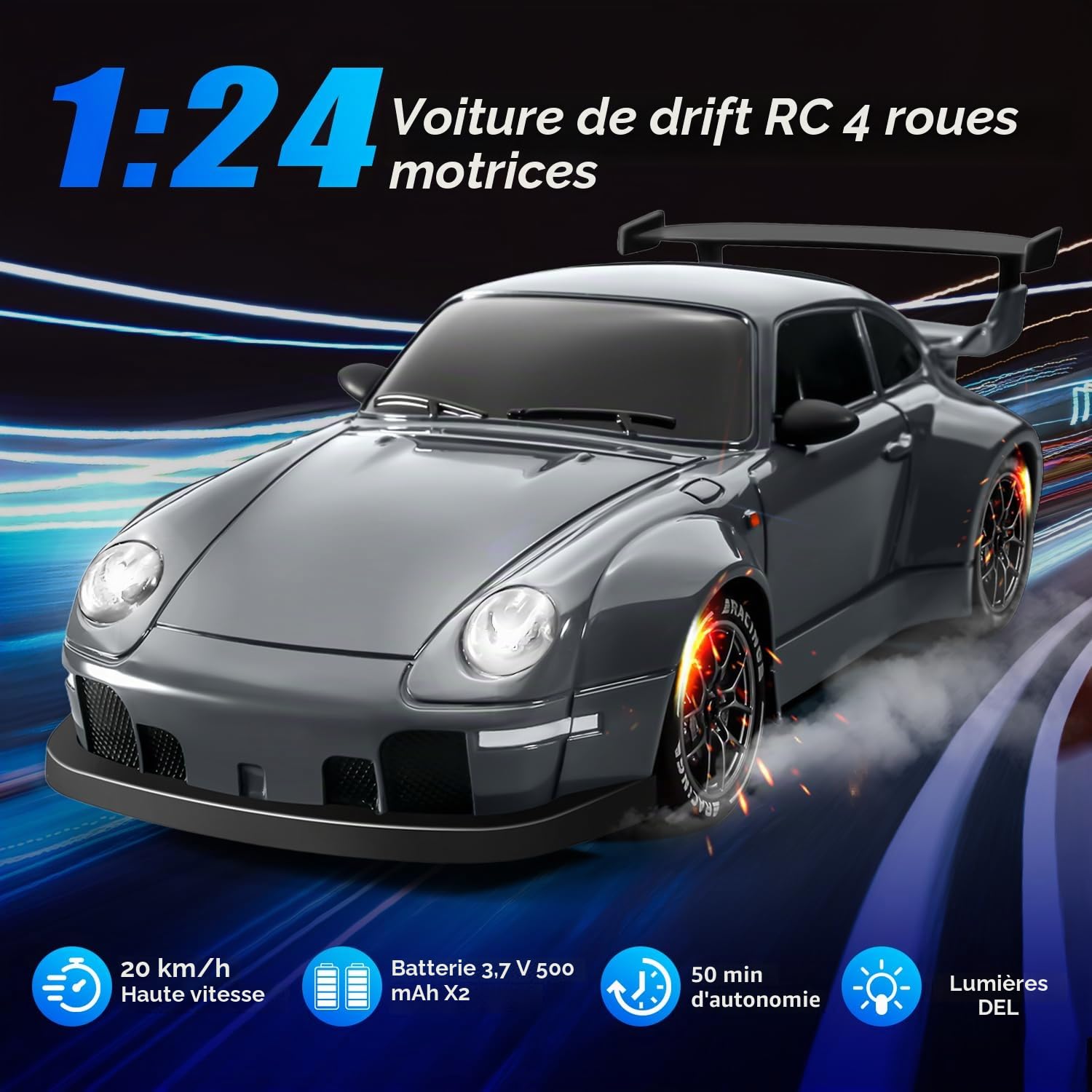 Voiture Télécommandée Drift pour Enfant, 1:24 25KM/H 4WD Voiture Télécommandée RC Drift Car pour Adulte Débutant, Gris