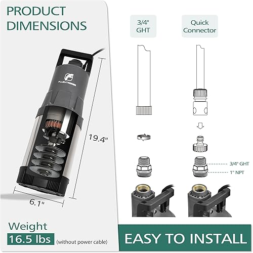 Miniatura 6 de FLUENTPOWER Bomba sumergible de pozo profundo, 1.5 HP 115 V, 1700 GPH, cabeza de 147 pies, bomba de agua automática de encendidoapagado con cable de