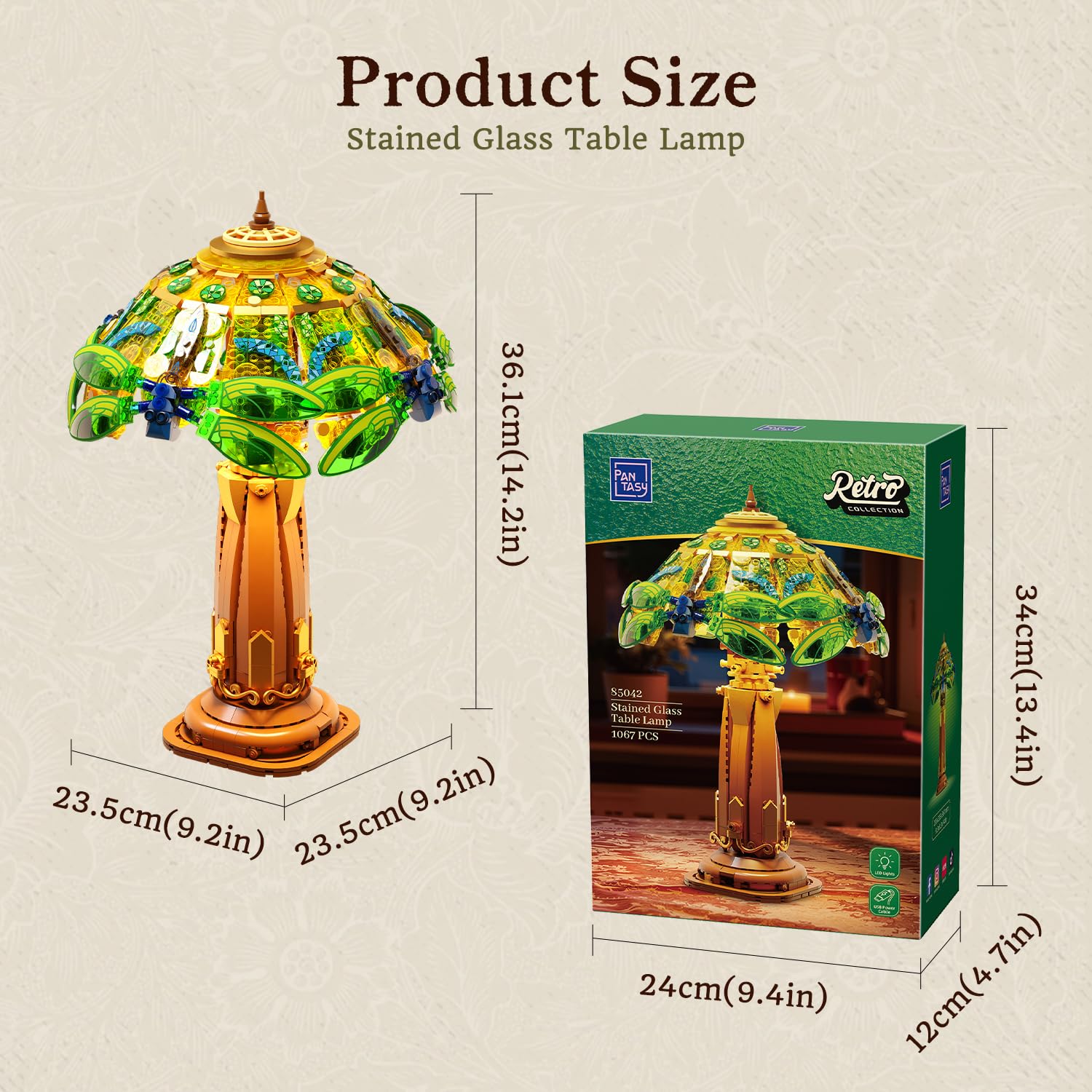 PANTASY Vintage Lampa Stołowa z Klocków, Zestaw Klocków Lampy w Stylu Witrażu, Retro Lampa z Motywem Ważki i Kwiatów, Artystyczna Lampka LED na Biurko, Zasilanie Dekoracja Domowa