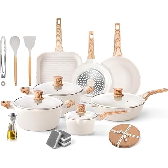 RIOVARM Induction Pots and Pans Set with Lids Granite Non-Stick Coating Cookware Set with Grill Pan Kitchen Essentials Set Frying Pan Saute Pan Sauce Pan Spatula