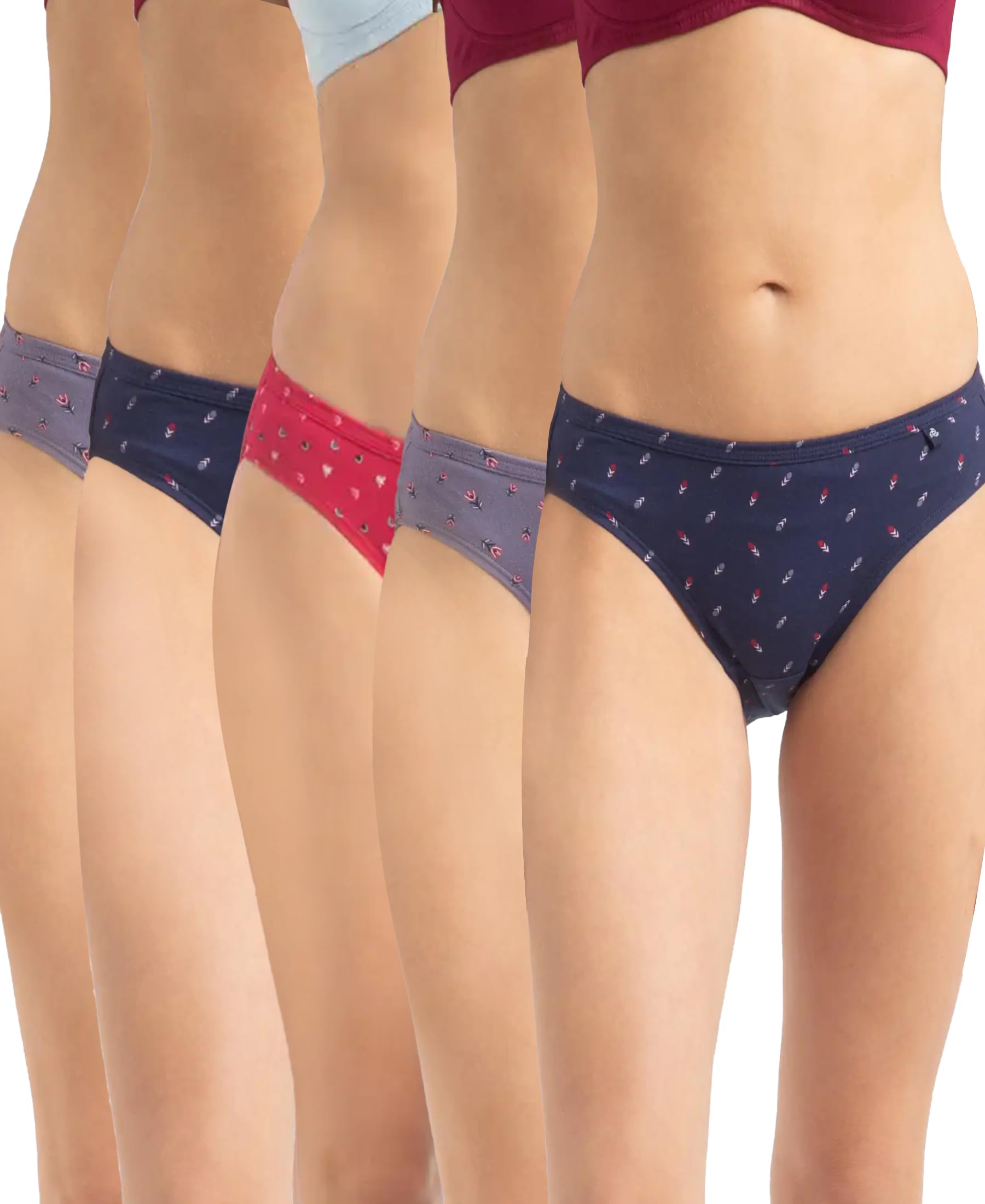 1410 Women's Medium Coverage Super Combed Cotton Mid Waist Bikini with Concealed Waistband (Pack of 5_Colors & Prints May Vary)