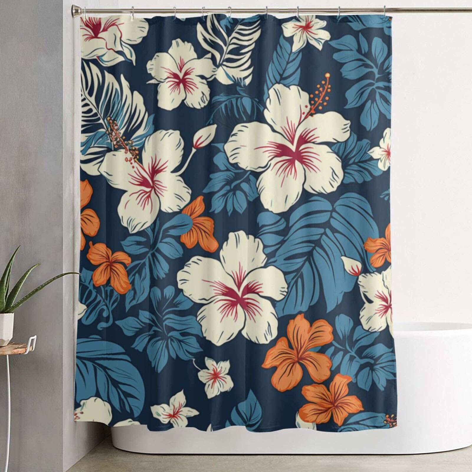 Rideau de douche imperméable avec crochets floral hawaïen grand format pour salle de bain ferme