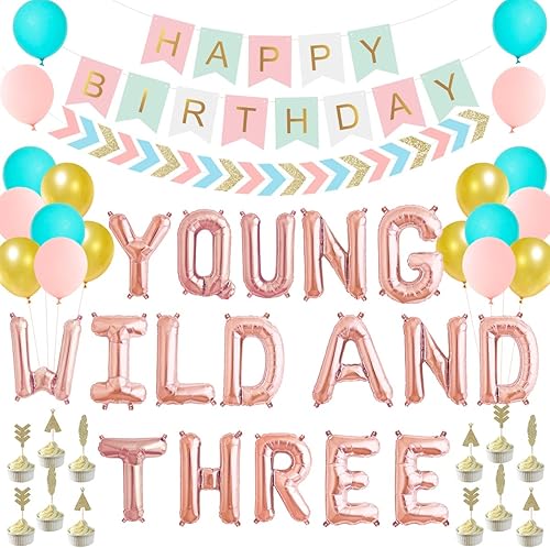 Paquete de decoración Young Wild y tres banderines de flecha con purpurina verde, rosa, amarillo, flecha, feliz cumpleaños, decoración dorada para