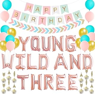 Young Wild And Three Decoration Pack Green Pink Yellow Glitter Arrow Pennant Happy Birthday Banner Gold Glitter Cupcake Toppers for Boho Tribal Theme Birthday Party Supplies