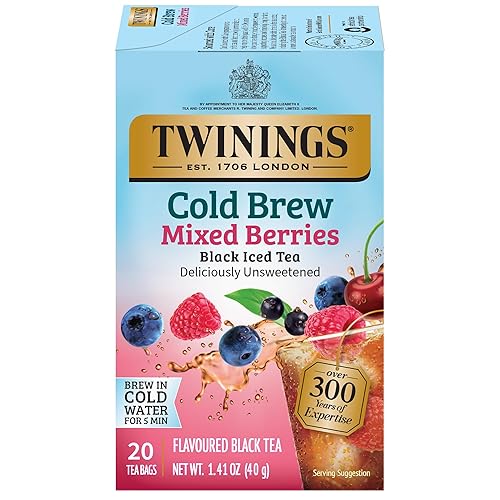 Bolsas de té helado Twinings con bayas mixtas, 20 unidades (paquete de 1), té negro saborizado sin endulzar, con cafeína, 20 bolsitas