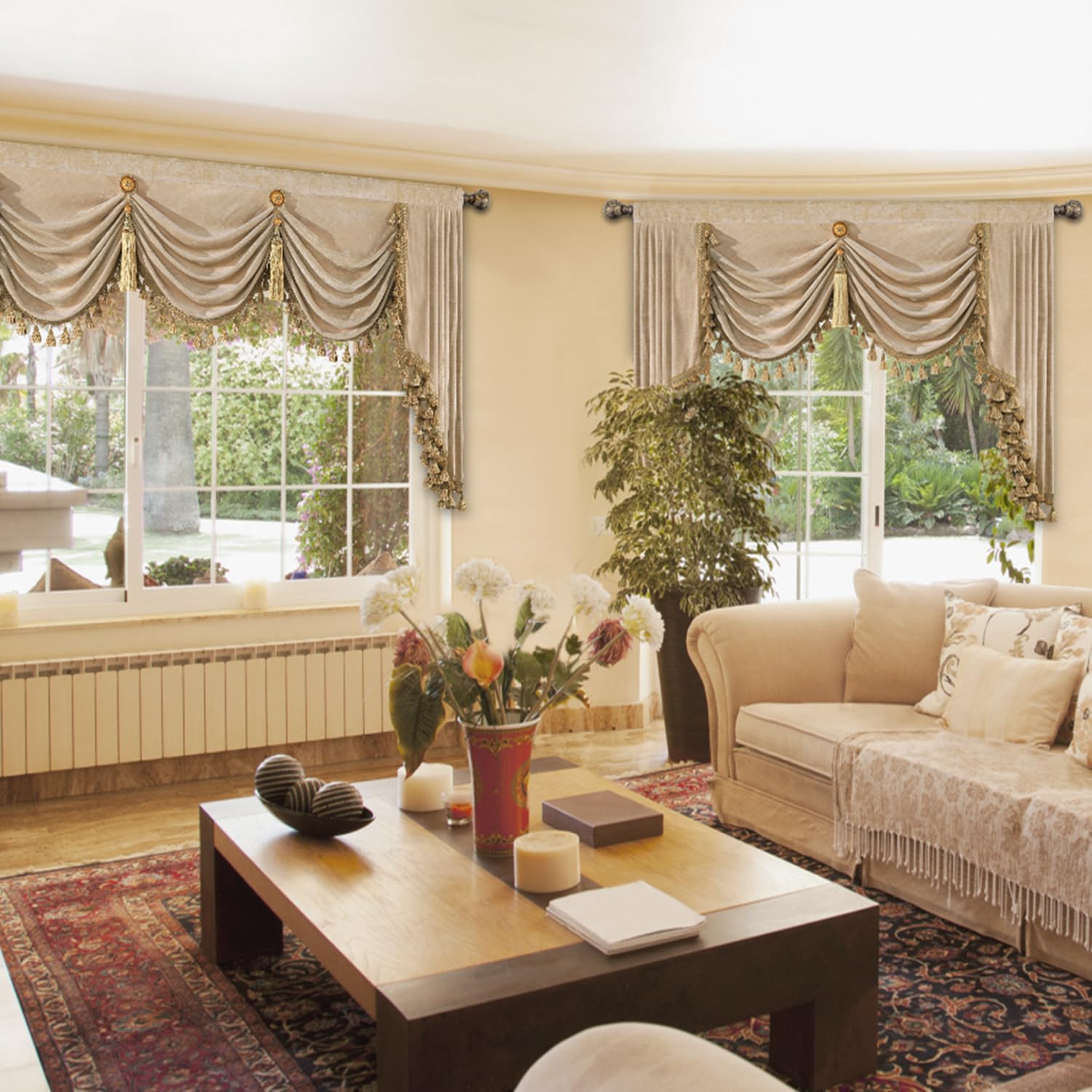 Mantovana a Cascata per Finestre, Mantovana in Ciniglia con Nappe, Tenda Corta per Camera da Letto Soggiorno Cucina, Decorazione Natalizia (Larghezza 150cm, Beige)
