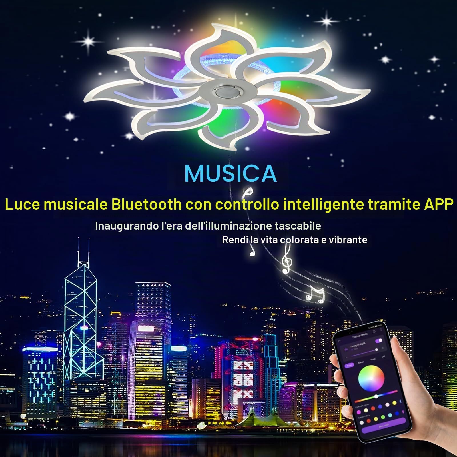 Plafoniera RGB con Altoparlante Bluetooth Lampada da Soffitto a Led 90cm Dimmerabile Per Camera da Letto e Soggiorno con Telecomando e Funzione Memoria Moderne lampadario Fiore con App Bianco