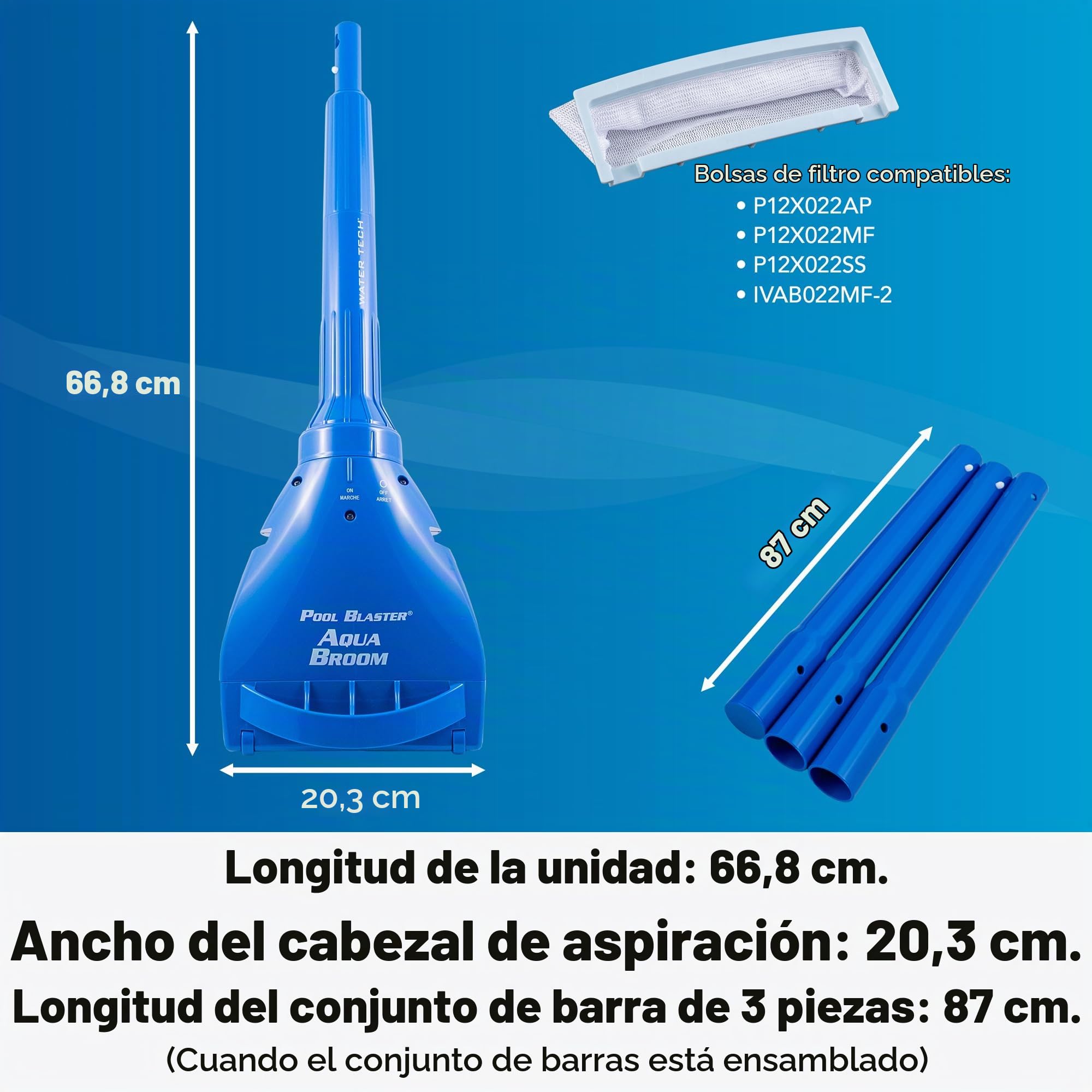 Water Tech Pool Blaster Aqua Broom Xl Ultra Pool Vacuum Cleaner, Aspirador Para Piscinas Con Ventosa Xl, Aspirador De Mano Para Piscinas Y Spas Con Cabezal De Succión De 22 Cm De Ancho