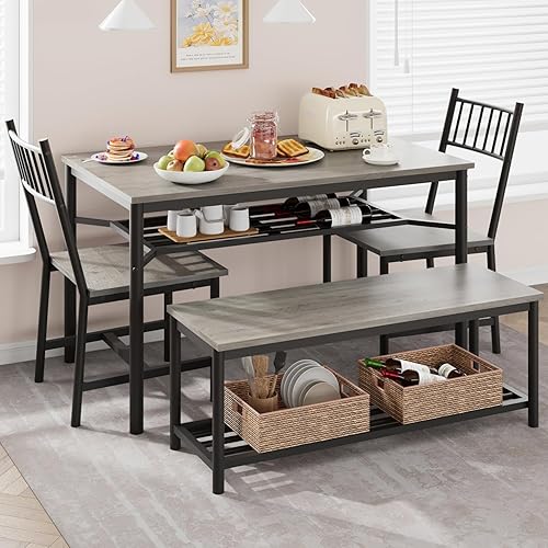 IDEALHOUSE Juego de mesa de comedor para 4, mesa de cocina y sillas para 4 con banco de almacenamiento, juego de mesa de cocina rectangular con