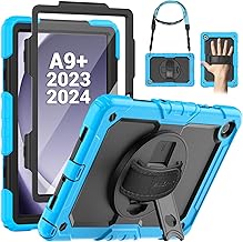 SEYMAC Samsung Galaxy Tab A9 Plus 11 inch 2023 Case, Tab A9 Plus Case with Screen Protector, 360° Rotating Stand, Shoulder Strap, with Pen Holder, Light Blue