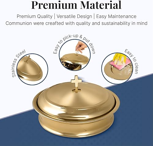 Miniatura 4 de Communion Ware 3 Holy Wine Serving Trays with A Lid & 2 Stacking Bread Plates with A Lid - Stainless Steel (Brass/Gold Shiny) Espejo de