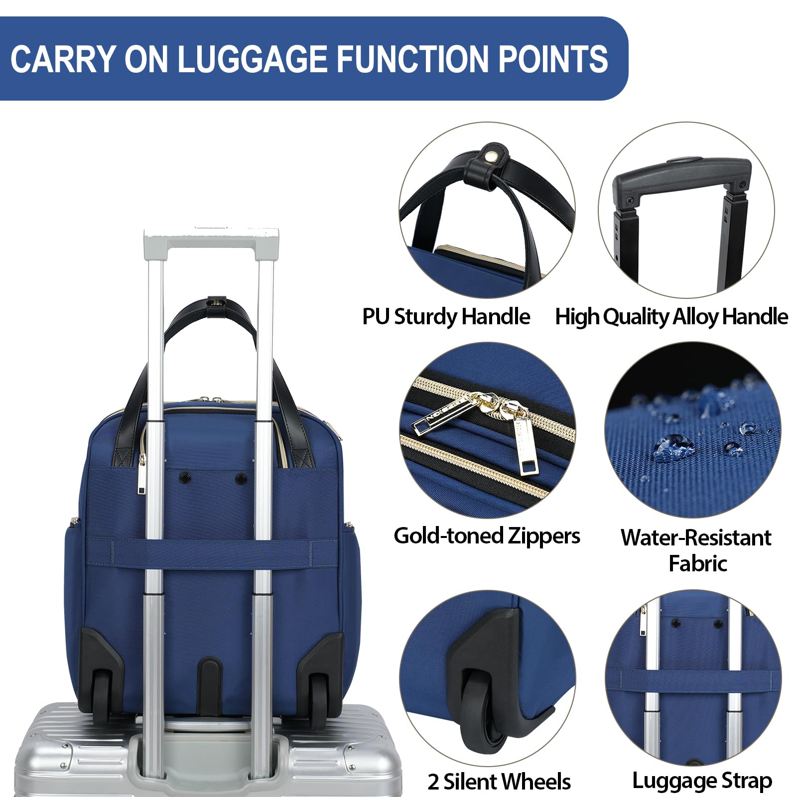 EMPSIGN Unterflur-Trolley–40 cm (16 Zoll) Handgepäckkoffer mit Rollen, multifunktional,leicht,ideal als Wochenend- oder Reisekoffer,klein, für Damen und Herren, Farbe: Haze Blue-Gold Zipper