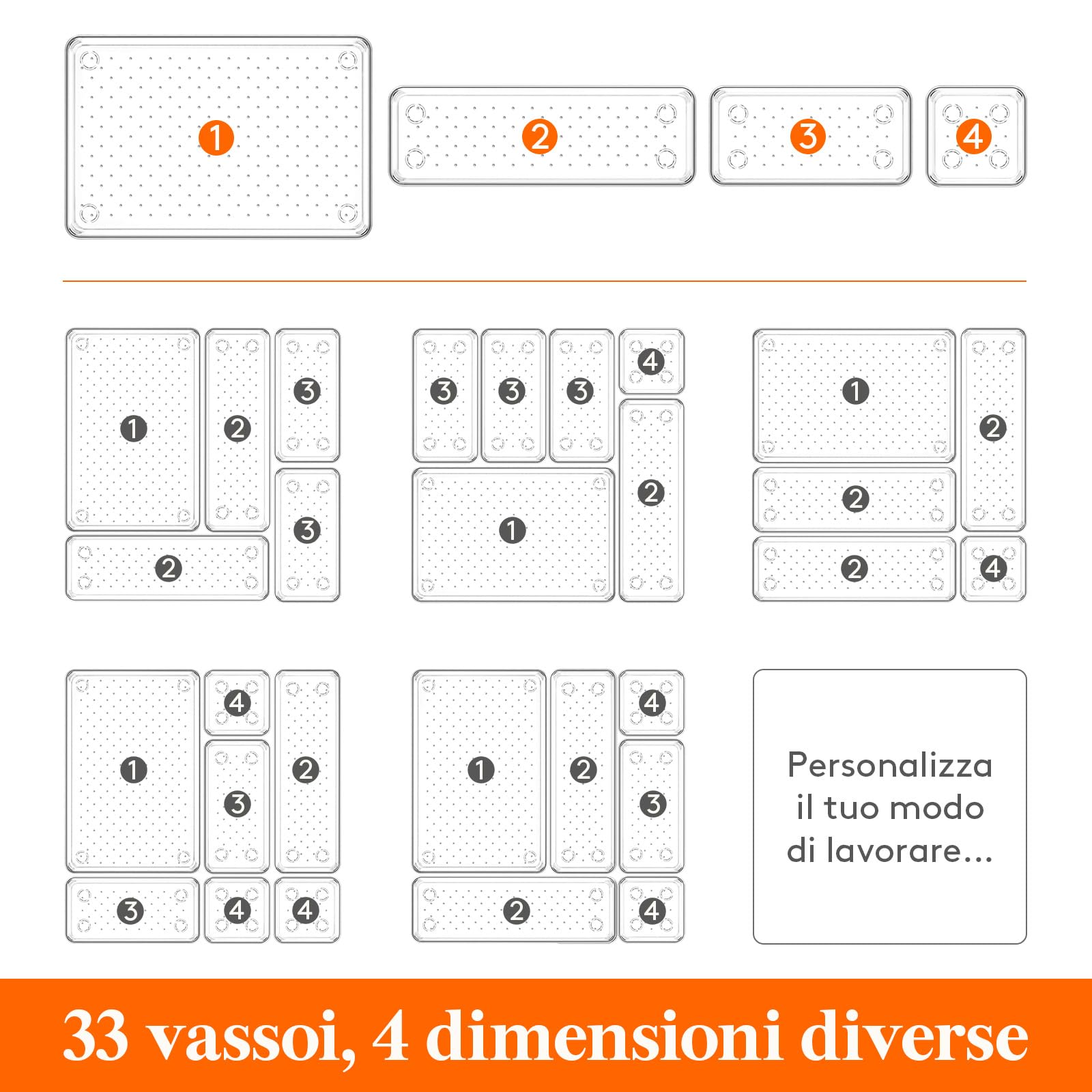 Lifewit Organizer Cassetti 33 Pezzi Organizer Bagno Divisori per Cassetti Contenitori Impilabili Trucchi Vassoi Stoccaggio Scatole per Scrivania, Camera da Letto, Bagno, Cucina, Ufficio Chiaro